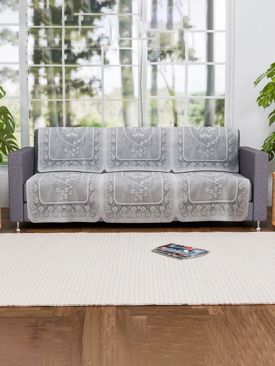 Myntra Elegant Homes 6 Pieces Grey & White Floral Printed Cotton 3 Seater Sofa Covers-picture-18
