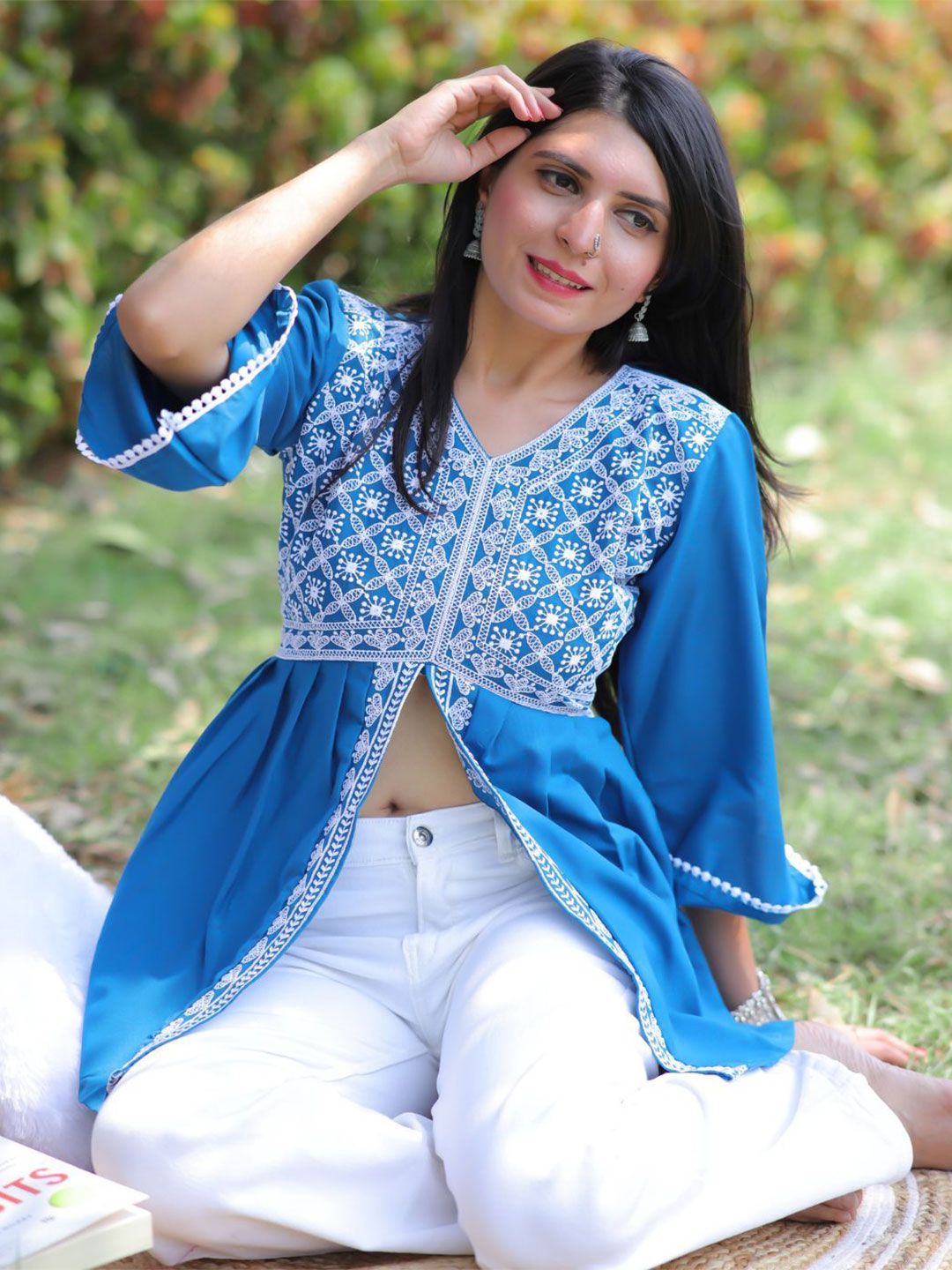 Sangria Women Ethnic Motifs Printed Chikankari A-Line Short Kurti-image-33