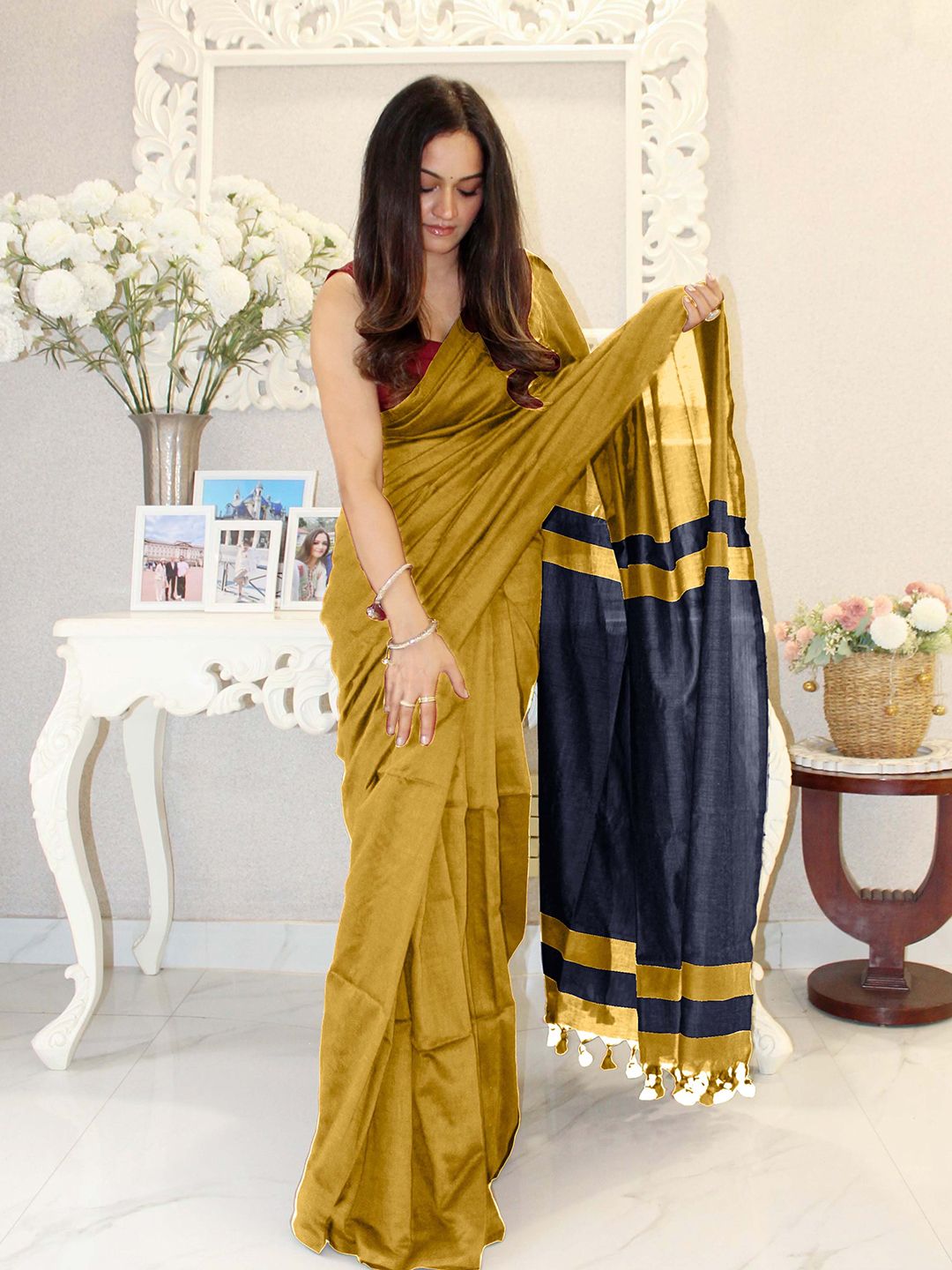 Anouk Striped Pure Cotton Khadi Saree