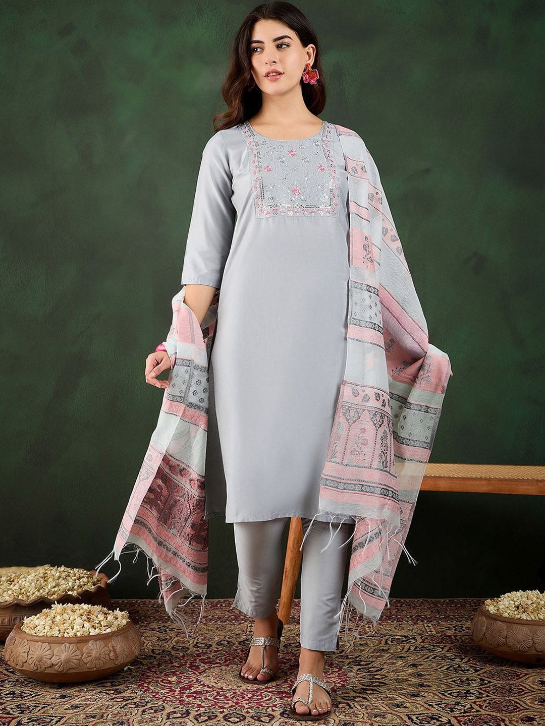 Sangria Floral Yoke Design Thread Work Straight Kurta And Trousers With Dupatta-image-8