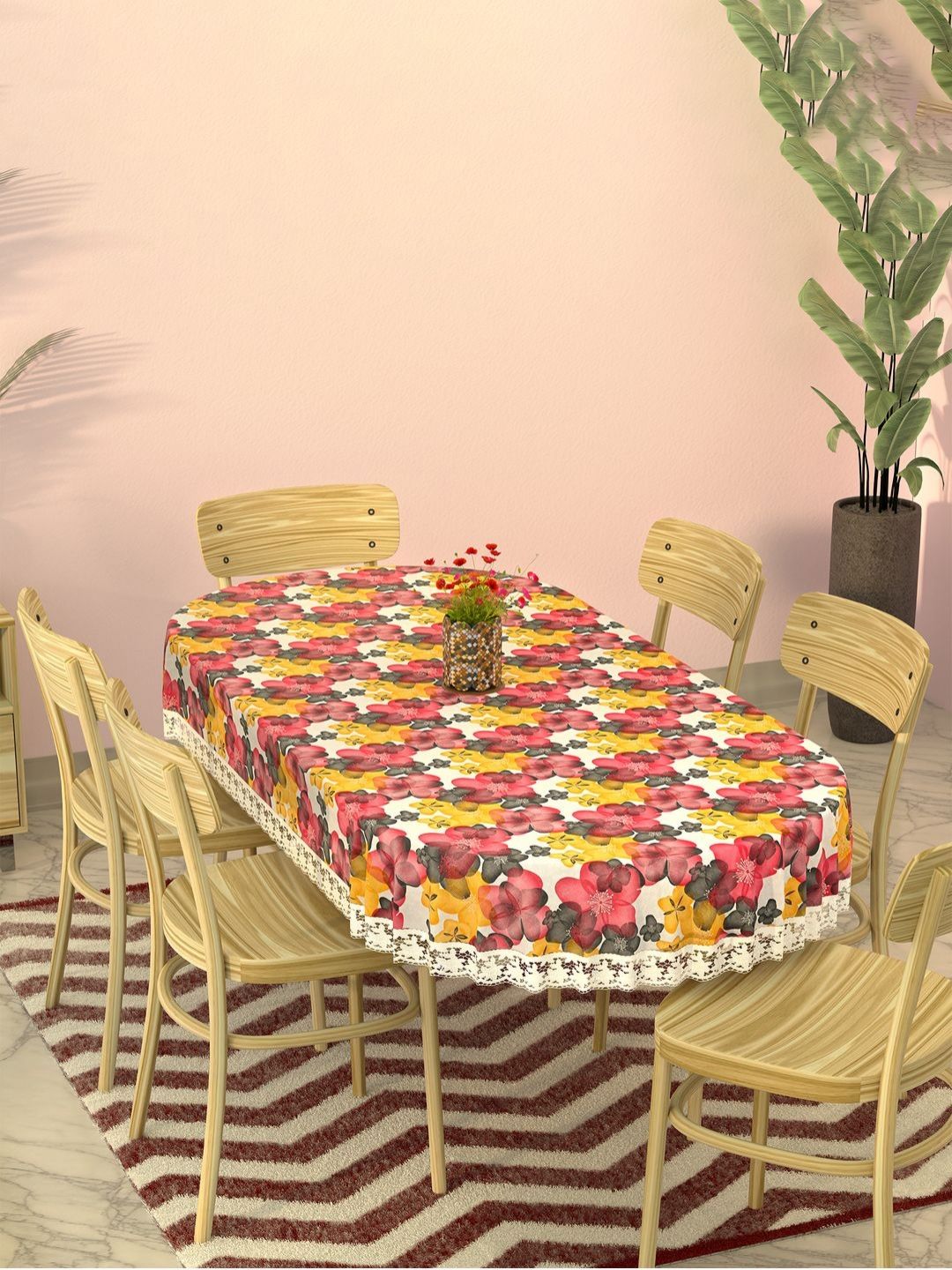 Myntra Elegant Homes White & Pink Floral Printed Oval 6-Seater Dining Table Cover-image-13
