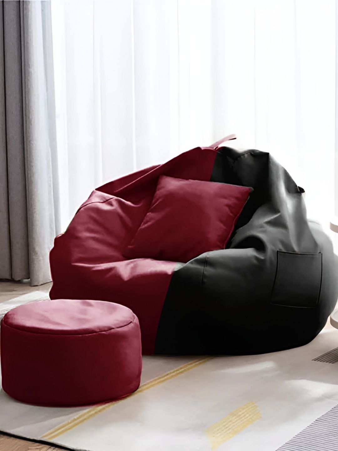 AARIJ MART 3-Pcs Black & Maroon Colour-Blocked Bean Bag With Footrest & Cushion