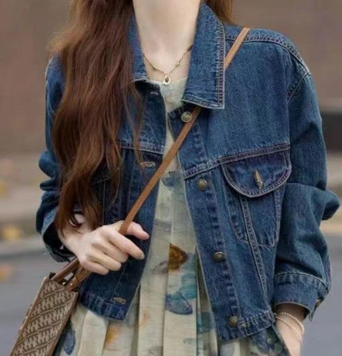Women's Blue Spread Collar Relaxed Fit Denim Jacket with Shoulder Embellishments
