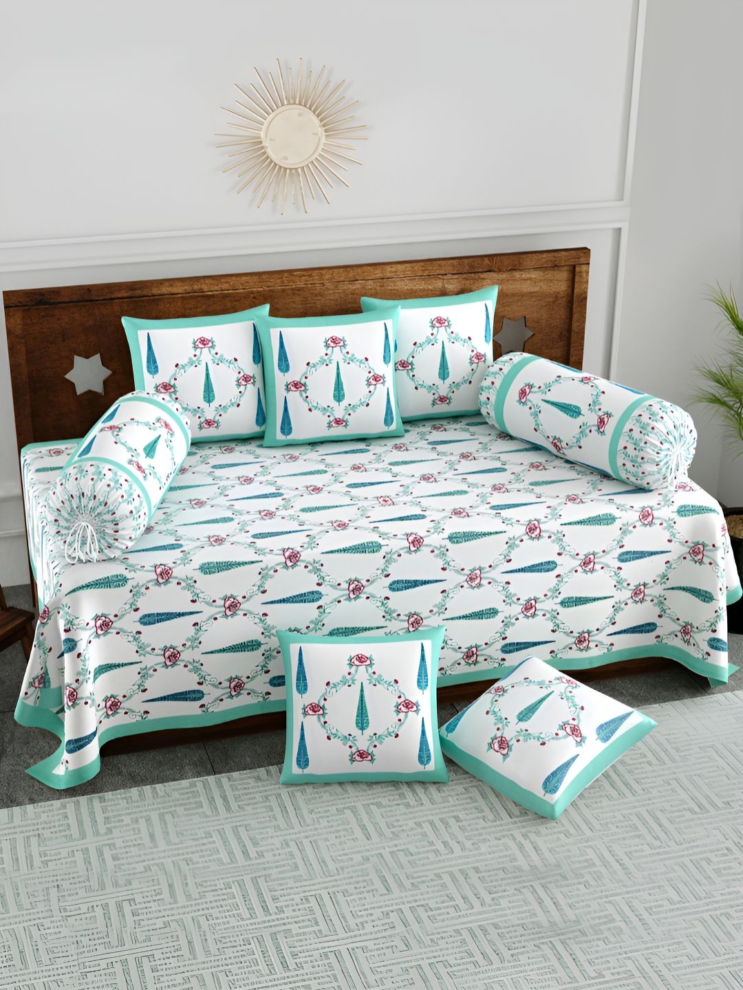 BLOCKS OF INDIA 8-Pcs Turquoise Blue & White Printed Pure Cotton DiwanSet-picture-23