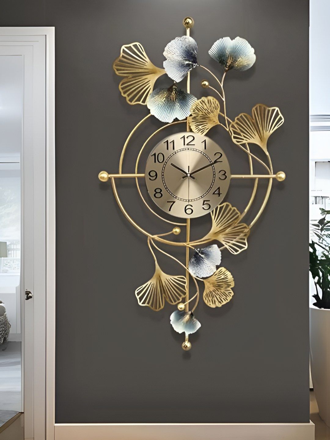 DECOR WISHES Gold-Toned & Grey Textured Abstract Shaped Metal Wall Clock