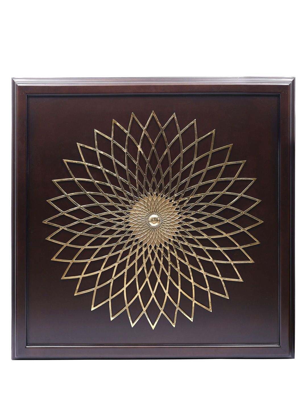 Exotic India Brown 46" Large Wood Framed Mandala Art in Brass Wall Hangings-image-8