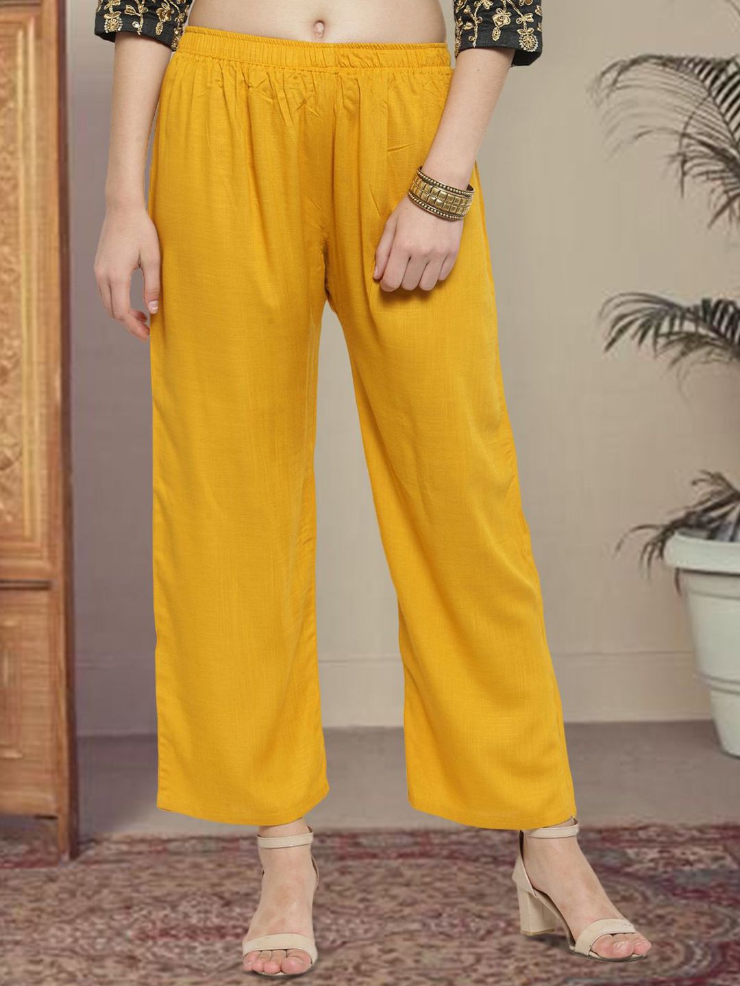 all about you Women Solid Mustard Comfort Loose Fit Wide Leg Trousers-picture-25