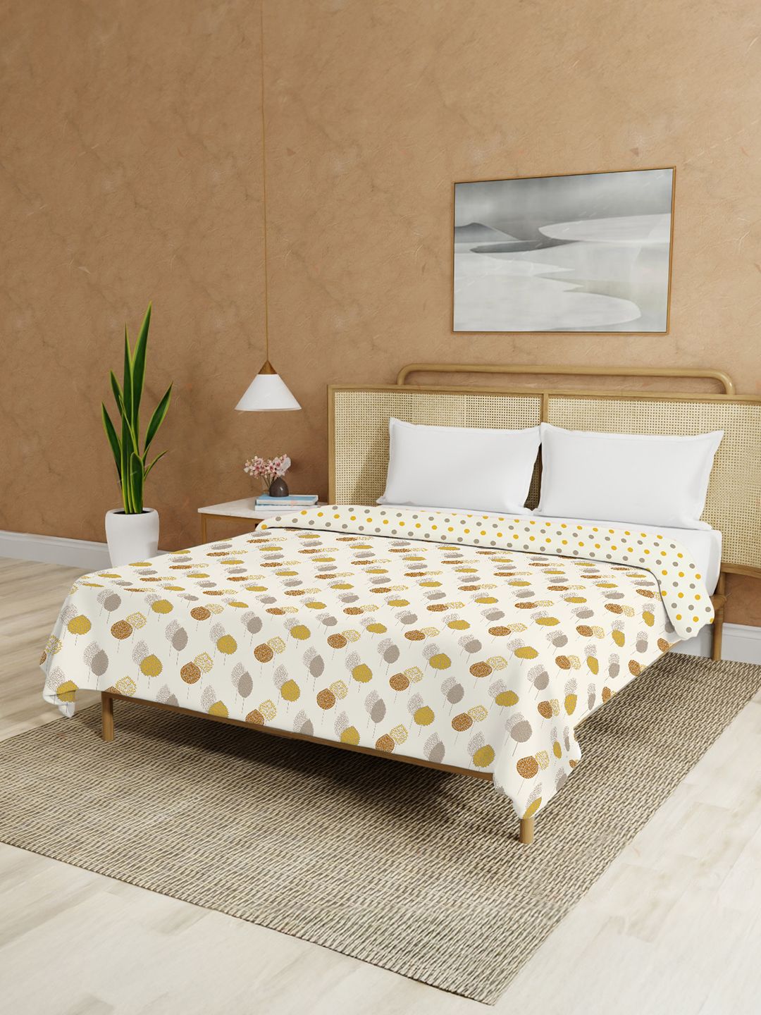URBAN SPACE Cream-Colored & Mustard Floral Malmal Cotton 90 GSM AC Room Double Bed Dohar-picture-17