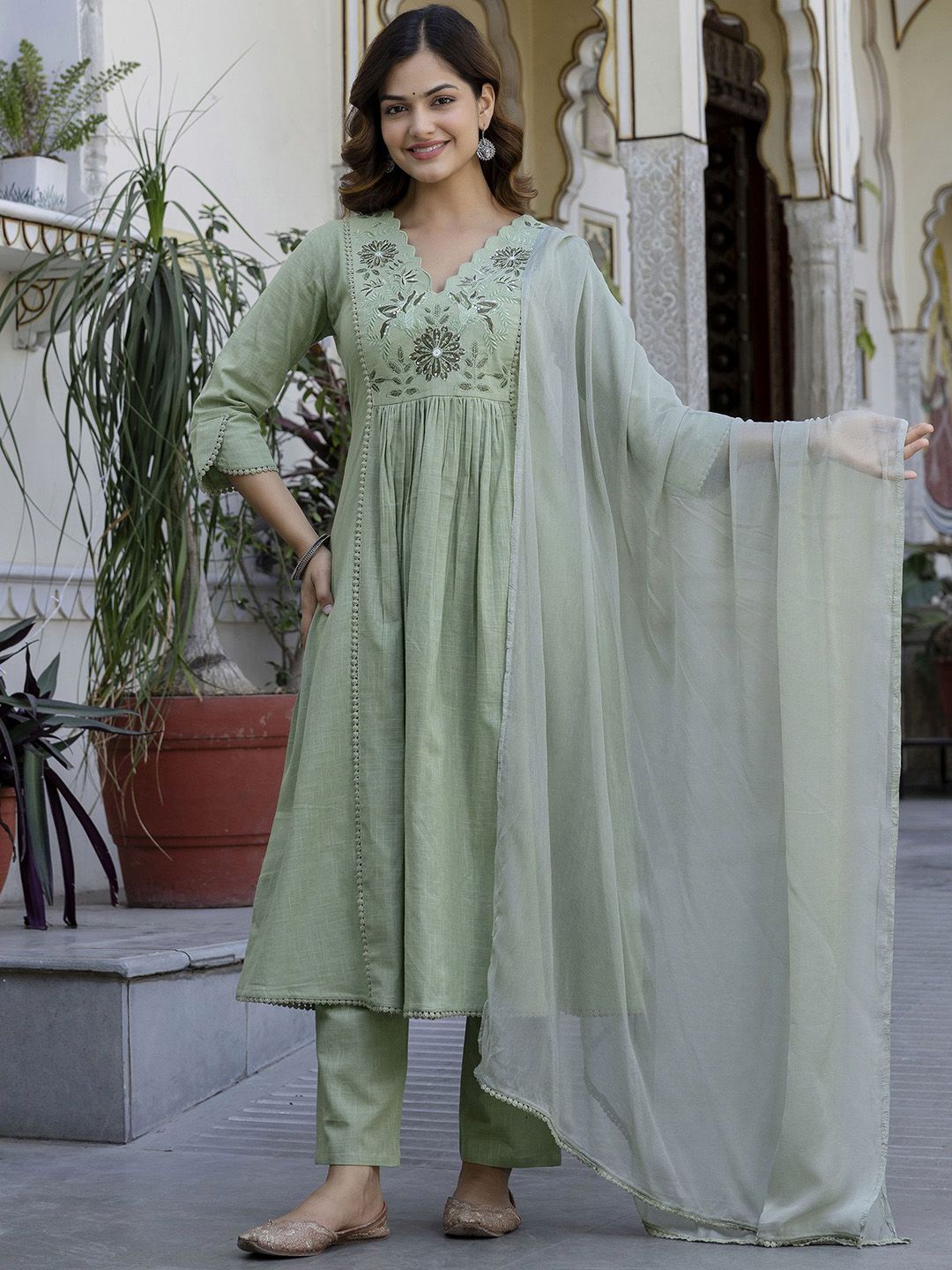 Anouk Floral Yoke Design V-Neck Empire Aari Work Pure Cotton Kurta with Pyjamas & Dupatta-picture-48
