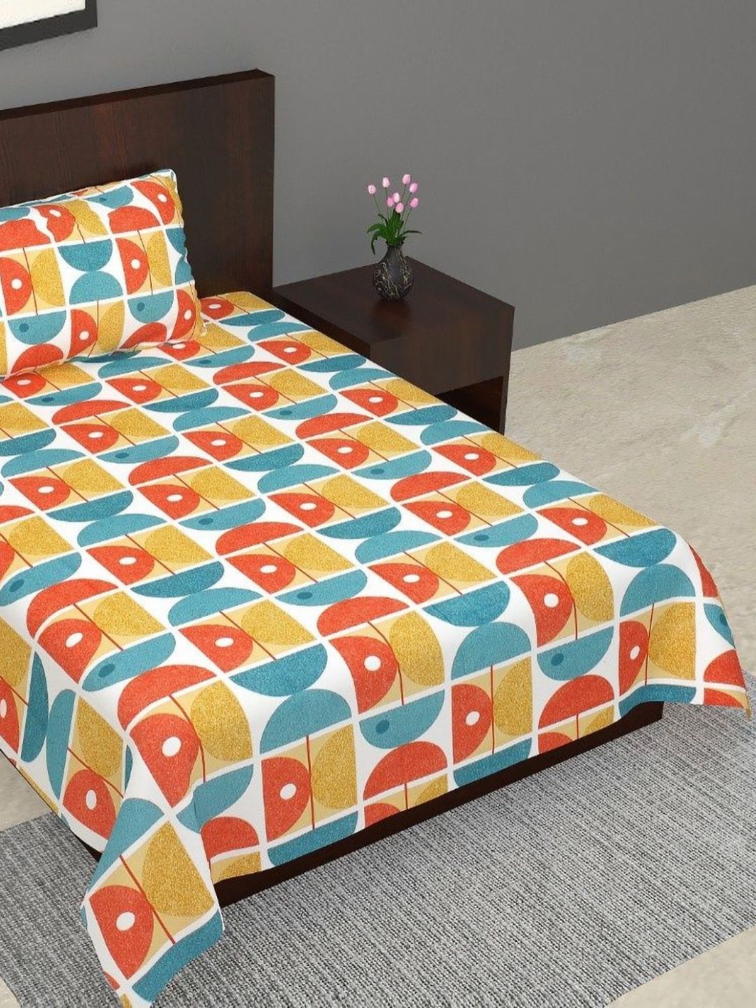 Salgia White & Red Geometric Printed Cotton 210 TC Single Bedsheet Set-picture-41