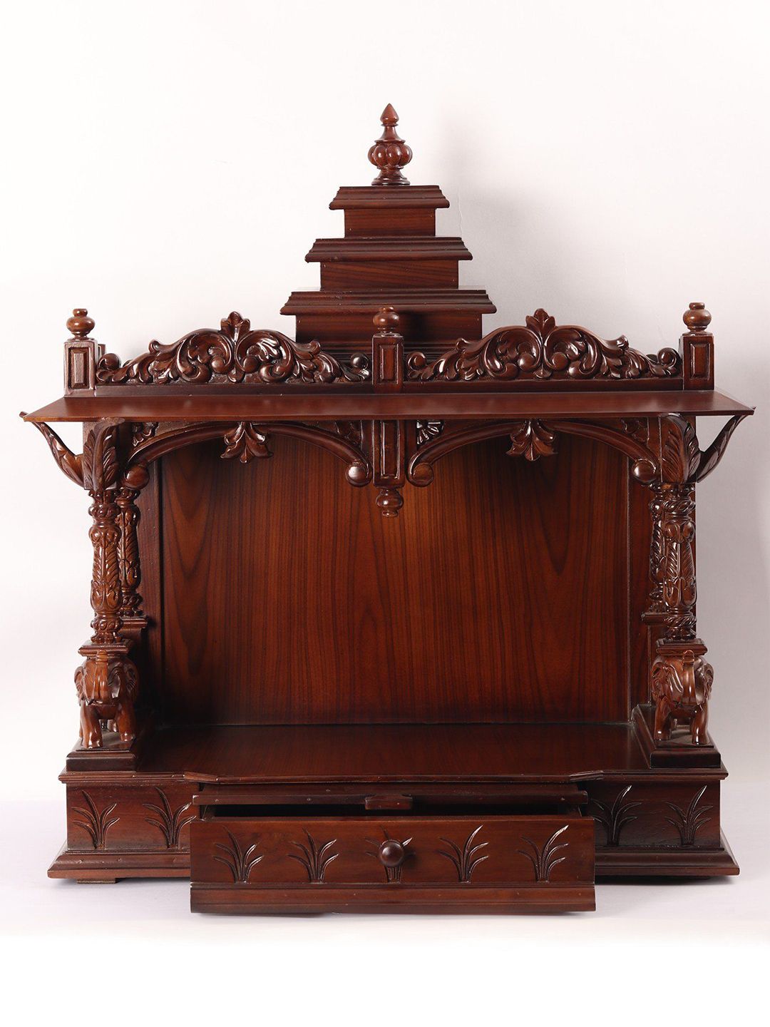 Exotic India Brown 36" Large Wood Carved Designer Home Temple With Drawer-picture-52