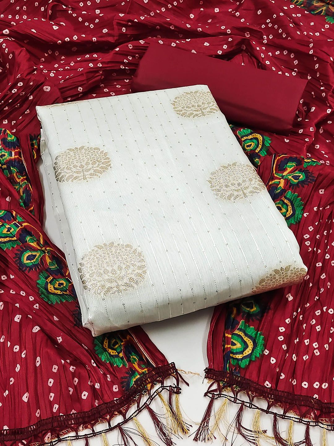 HERE&NOW Floral Woven Design Sequinned Unstitched Dress Material-image-21