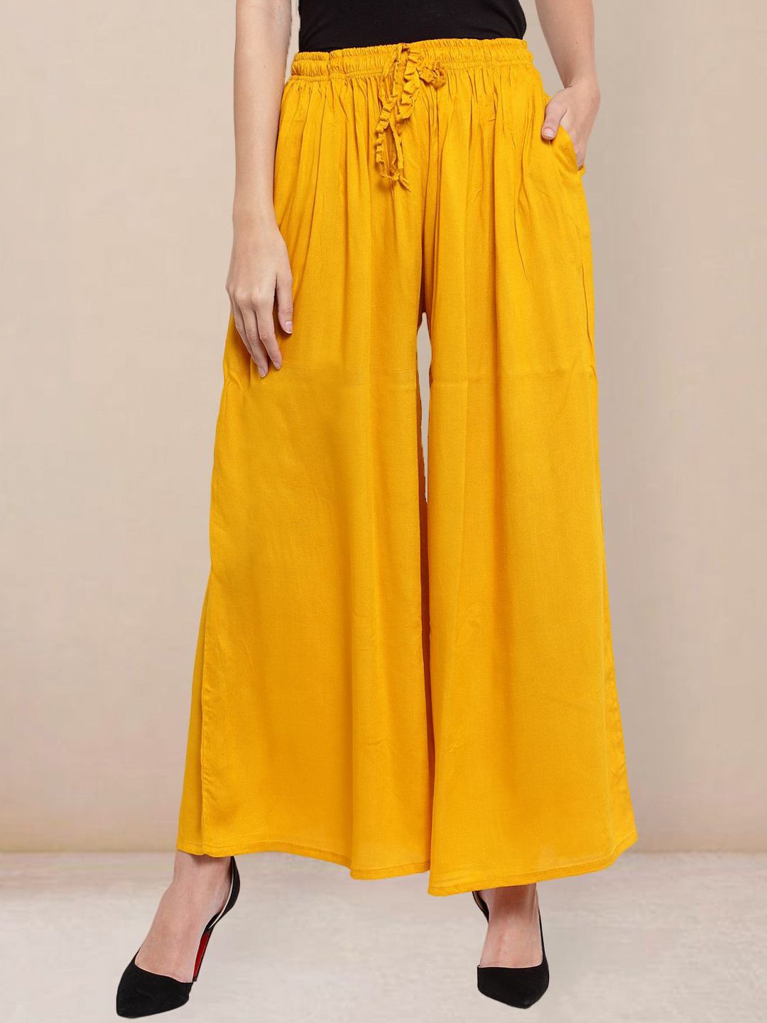 all about you Women Solid Mustard Comfort Flared Fit Wide Leg Trousers-picture-13