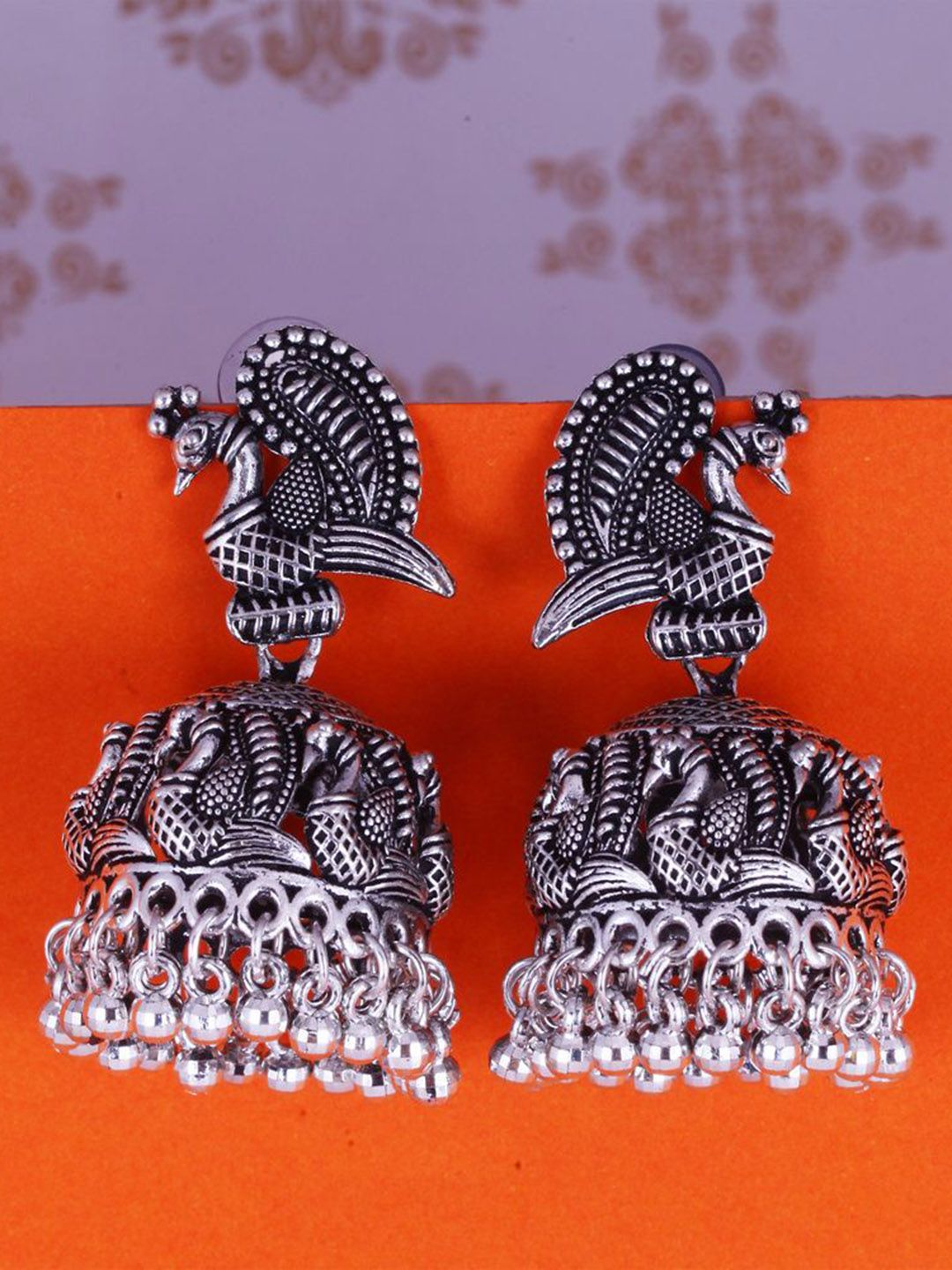Sangria Silver-Plated Peacock-Shaped Oxidised Jhumkas-picture-12