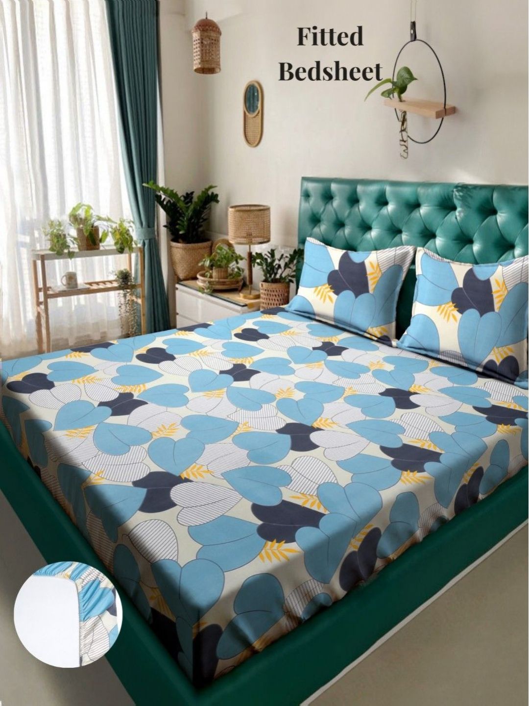 Aura Blue & White Geometric Printed 300 TC King Fitted Bedsheet Set 2.50 m x 2.15 m-image-42