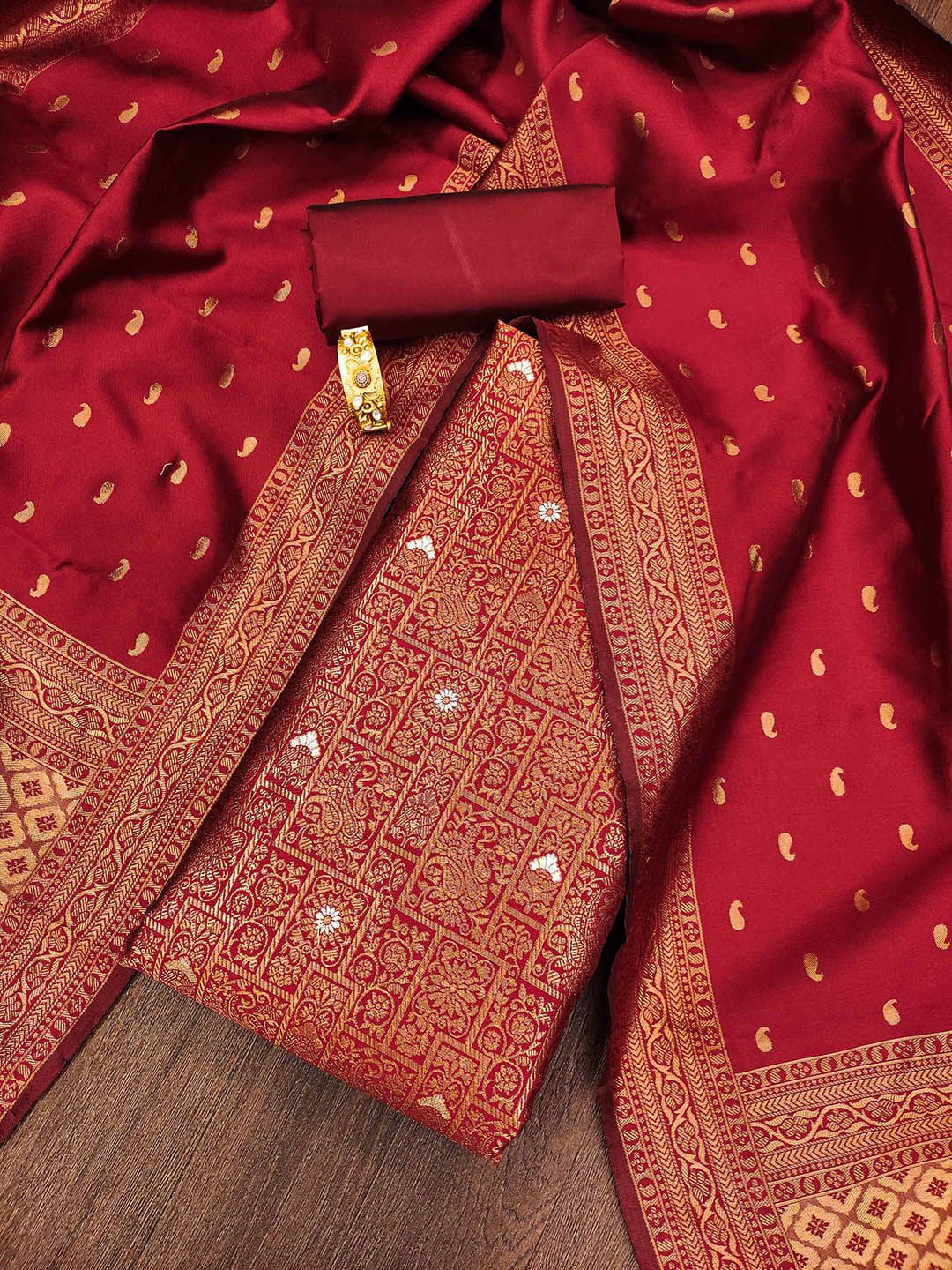 HERE&NOW Floral Woven Design Zari Work Jacquard Silk Unstitched Dress Material-image-20