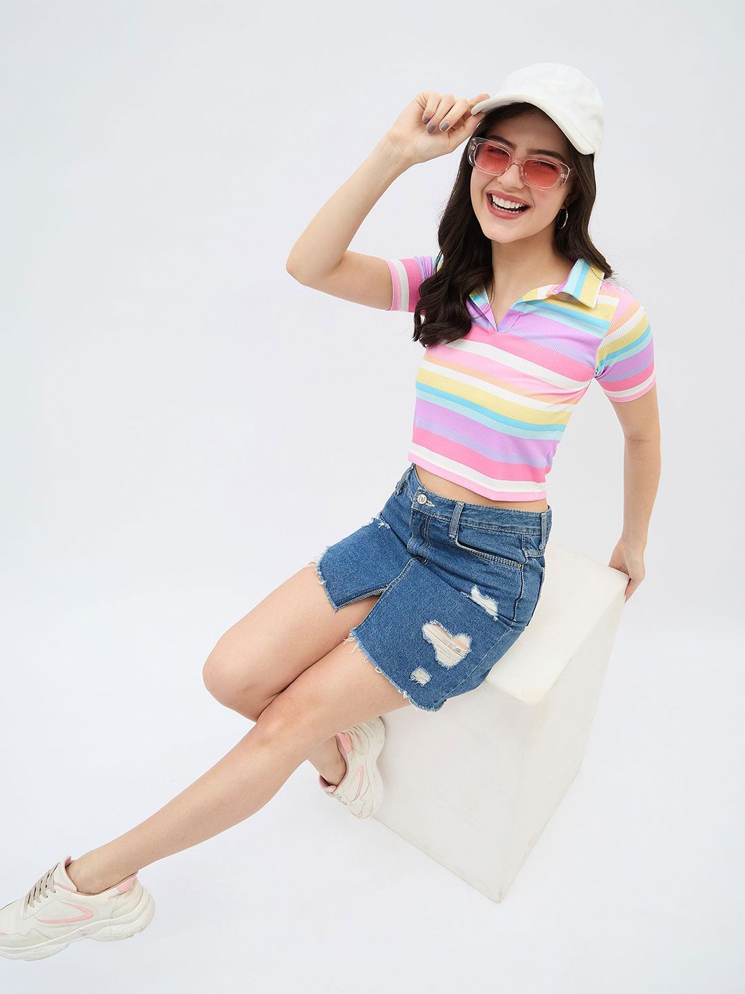 Horizontal Stripes Full Sleeves Slim Fit High Neck Crop Top