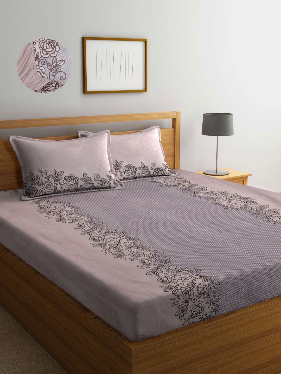 Aura Brown & Grey Floral Printed 300 TC King Bedsheet Set 2.50 m x 2.15 m-picture-32