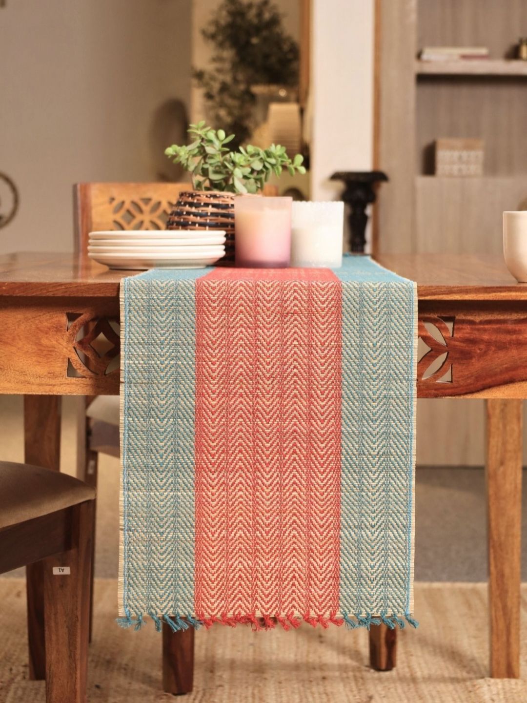 Peepul Tree Teal-Blue & Red Natural Grass Table Runner-image-26