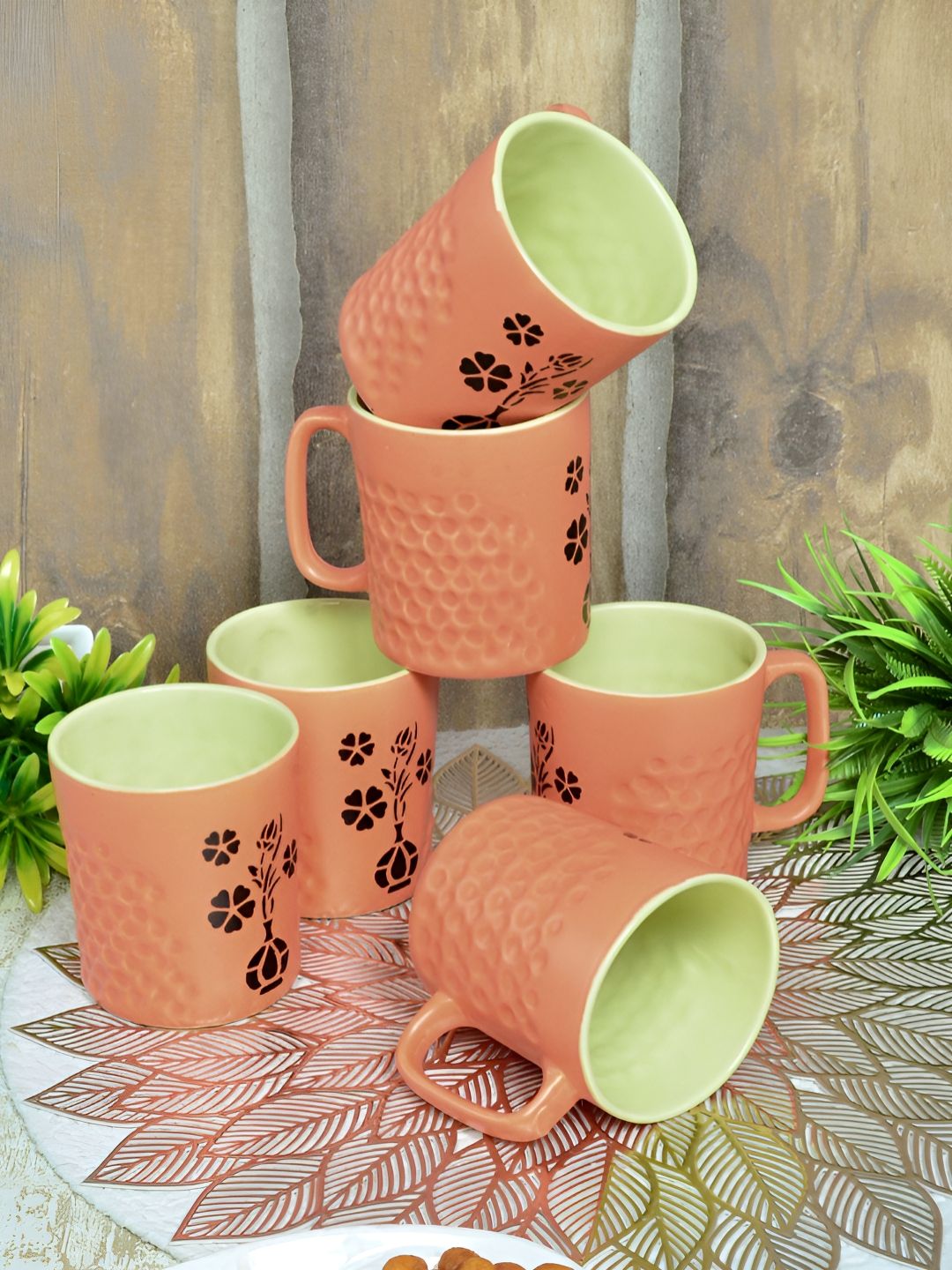 Myntra Elegant Homes Orange 6 Pieces Textured Ceramic Matte Mugs 300 ML-image-36