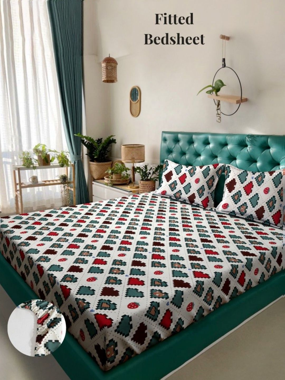 Aura White & Green Geometric 300 TC King Fitted Bedsheet Set 2.50 m x 2.15 m-picture-17