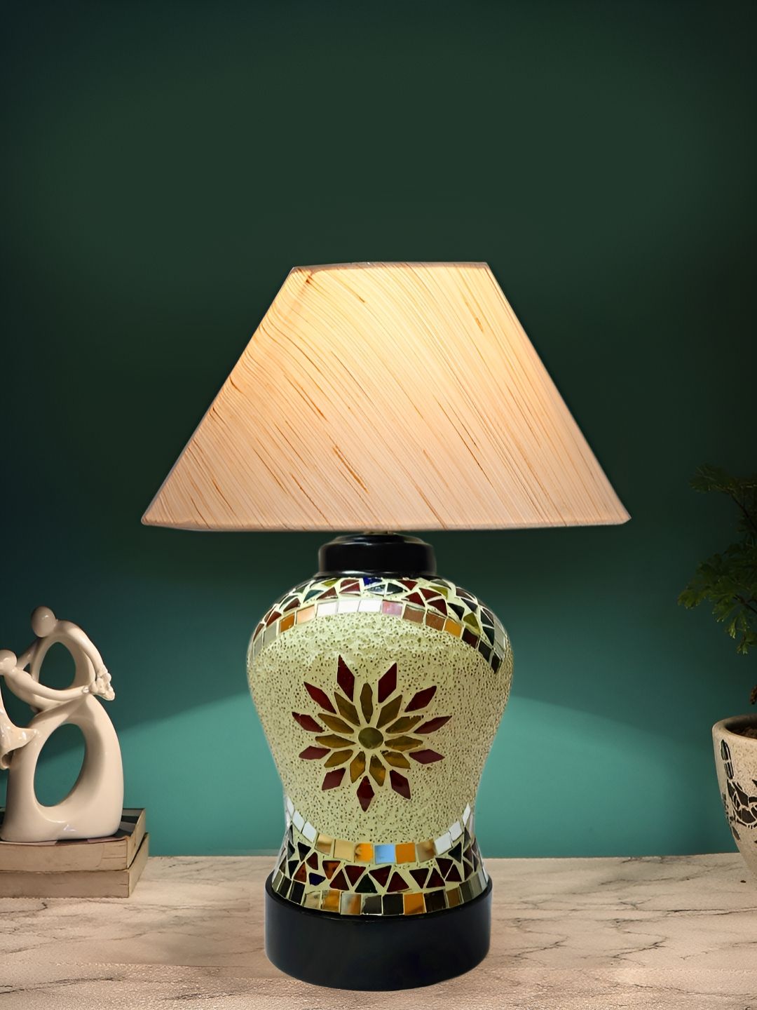 Aura Off White Wooden & Mosaic Glass Traditional Frusturical Shaped Table Lamp-picture-40