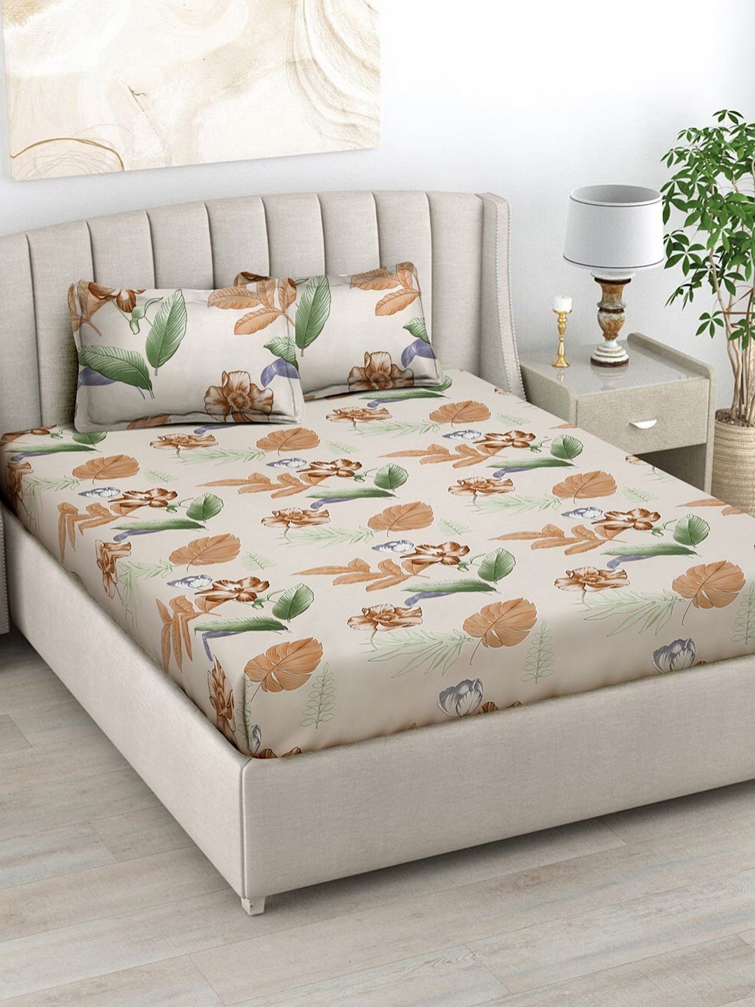 Myntra Elegant Homes Beige & Brown Floral Printed 300 TC King Bedsheet Set 2.7 m x 2.7 m-picture-38