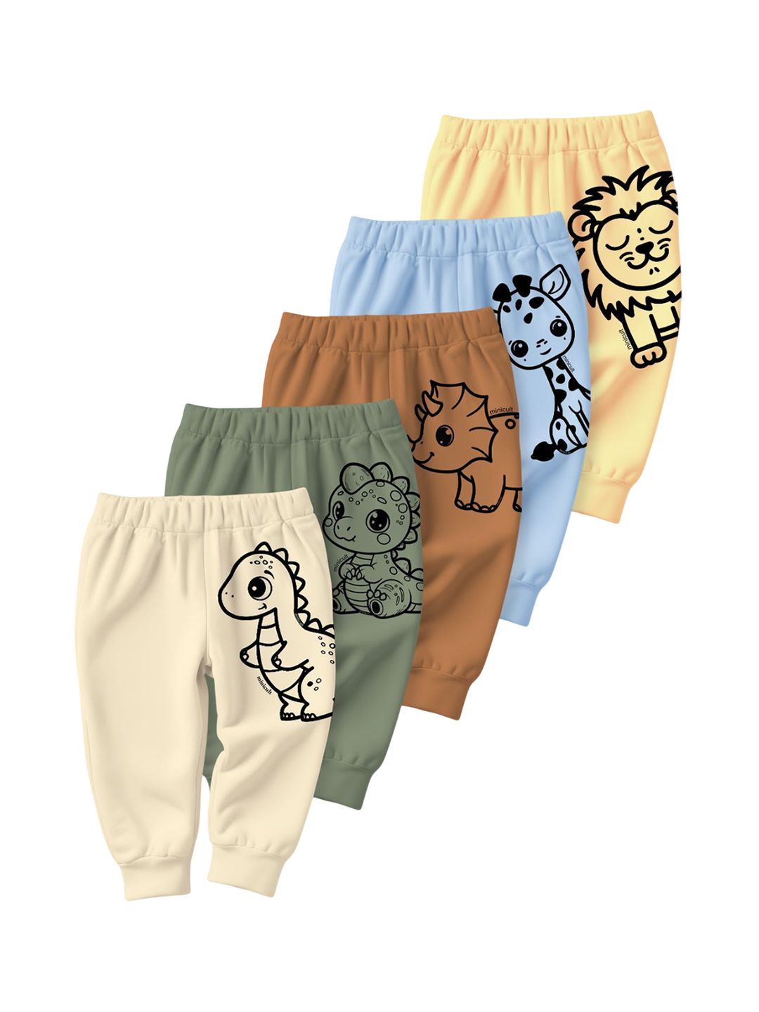 Minicult Infants Kids Pack Of 5 Dinosaur Printed Cotton Joggers-picture-47