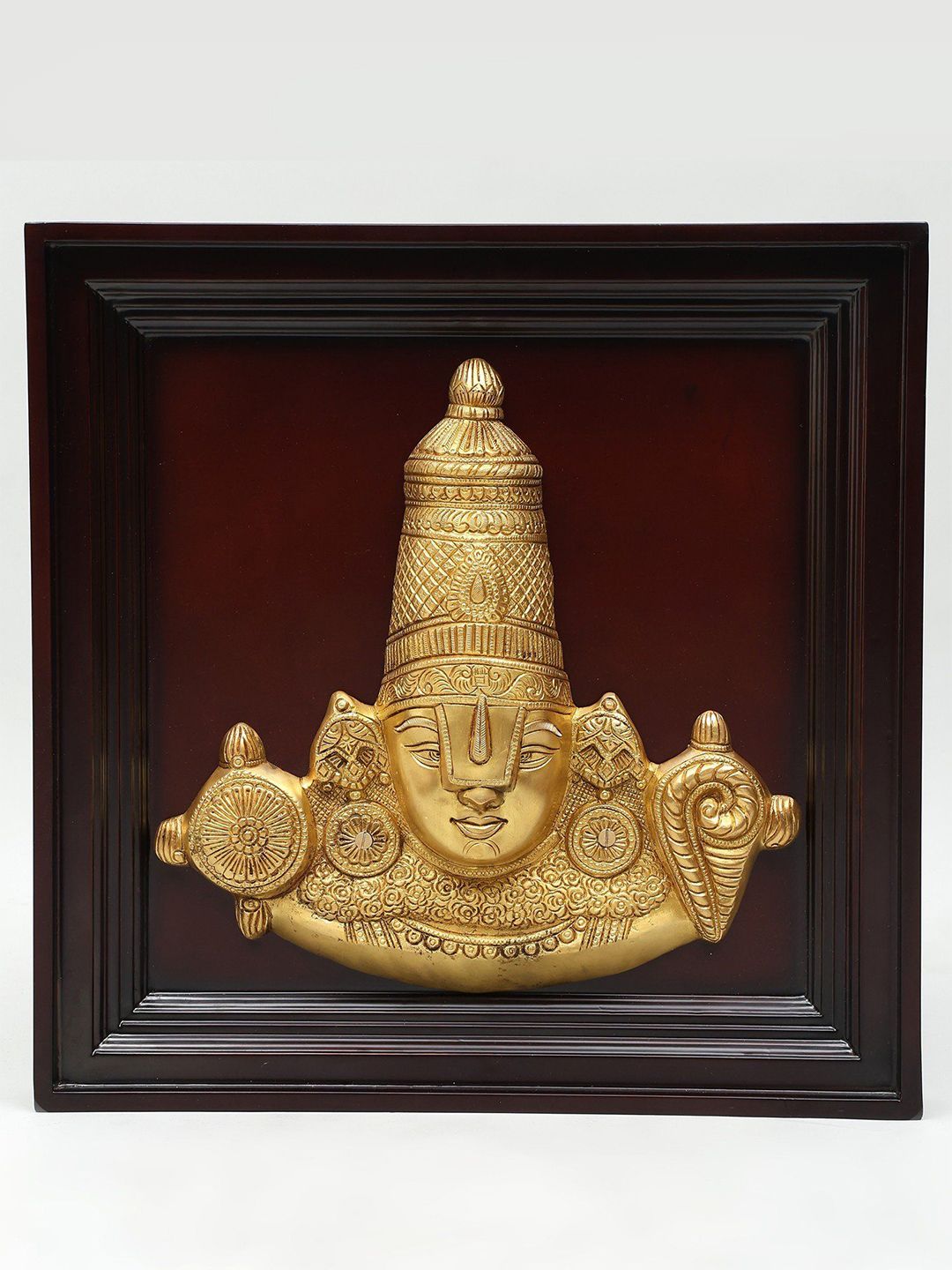 Exotic India Brown 20" Wood Framed Brass Tirupati Balaji Venkateshvara Wall Hangings-image-4