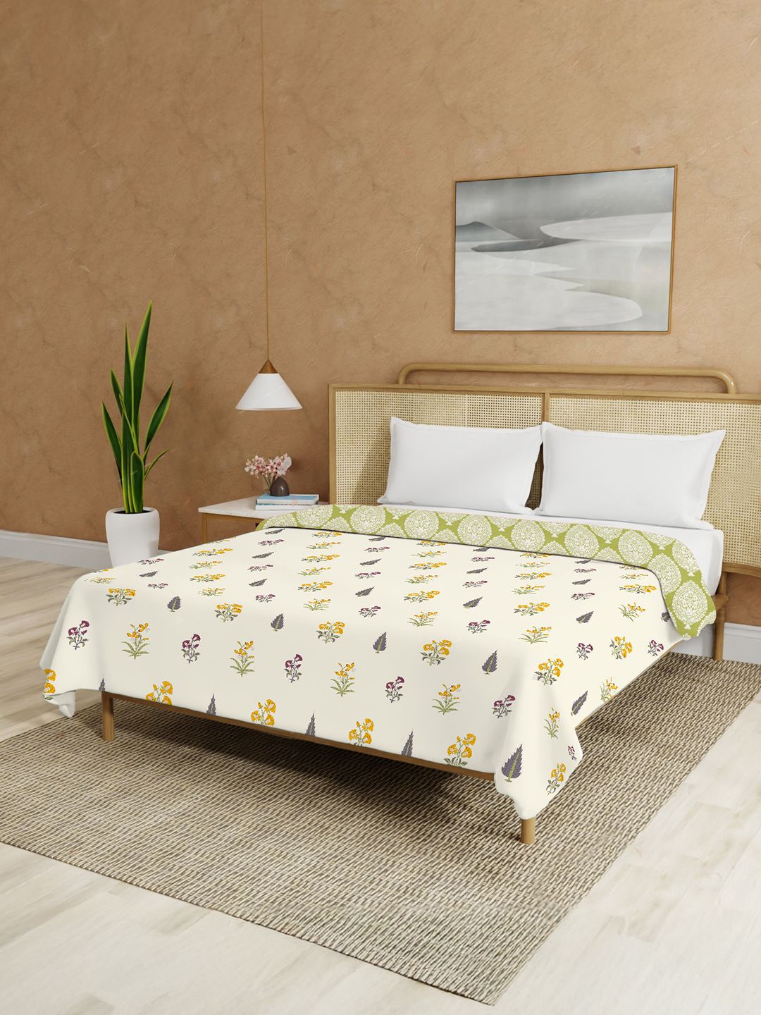 URBAN SPACE White & Yellow Floral Printed Malmal Cotton 90 GSM AC Room Double Bed Dohar-image-2