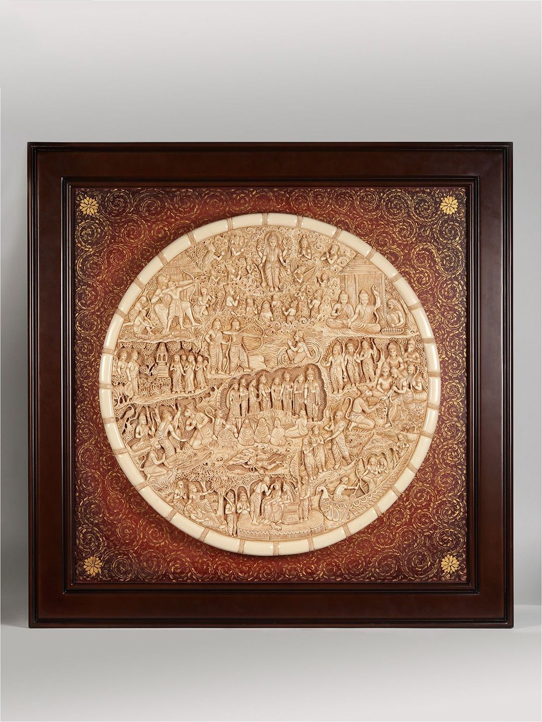Exotic India Brown 42" Large Lord Rama's Life Story Wooden & Resin Wall Hanging-picture-13