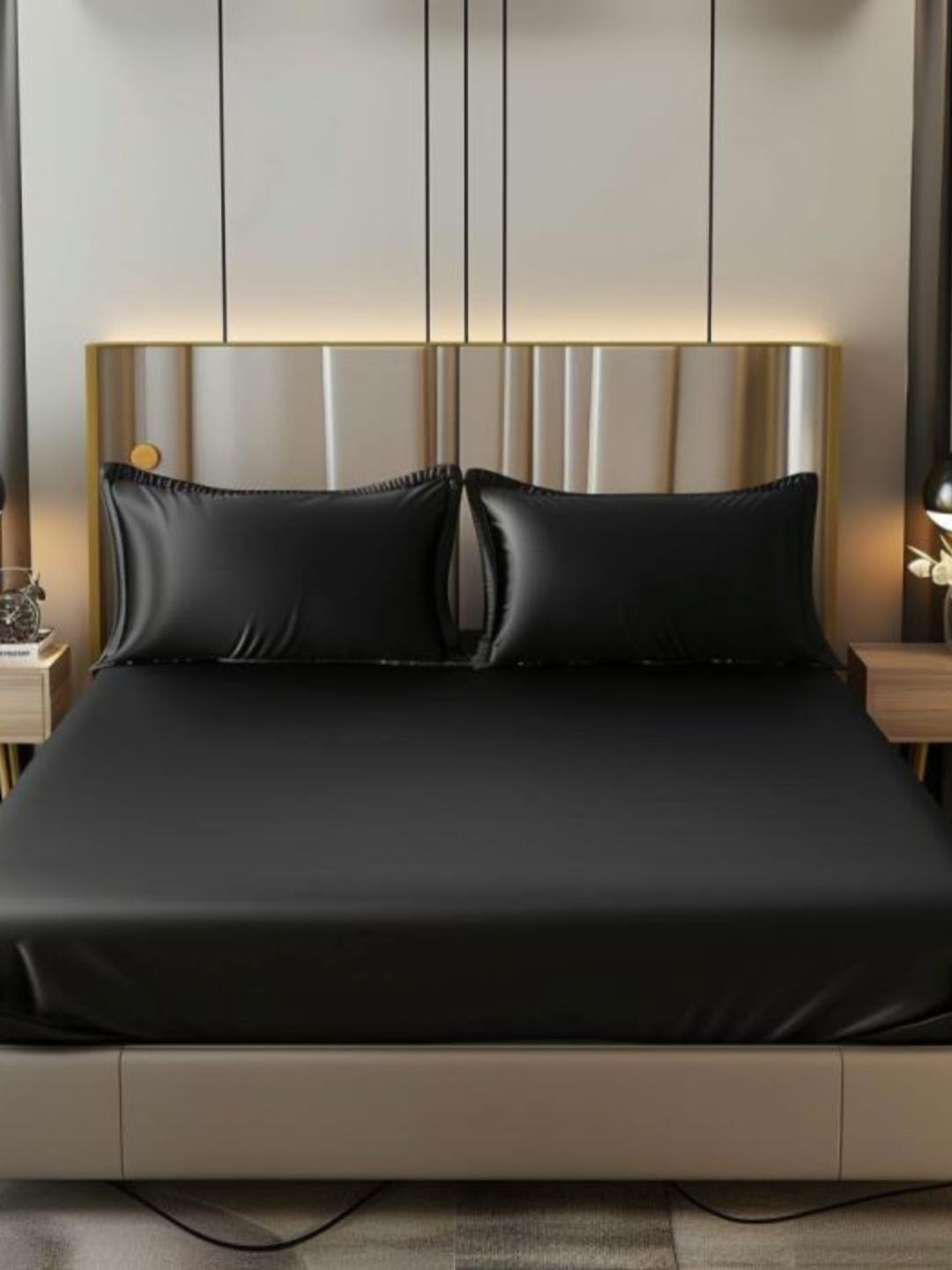 COOLBEDS Black Satin 400 TC Single Fitted Bedsheet With 2 Pillow Covers-picture-23