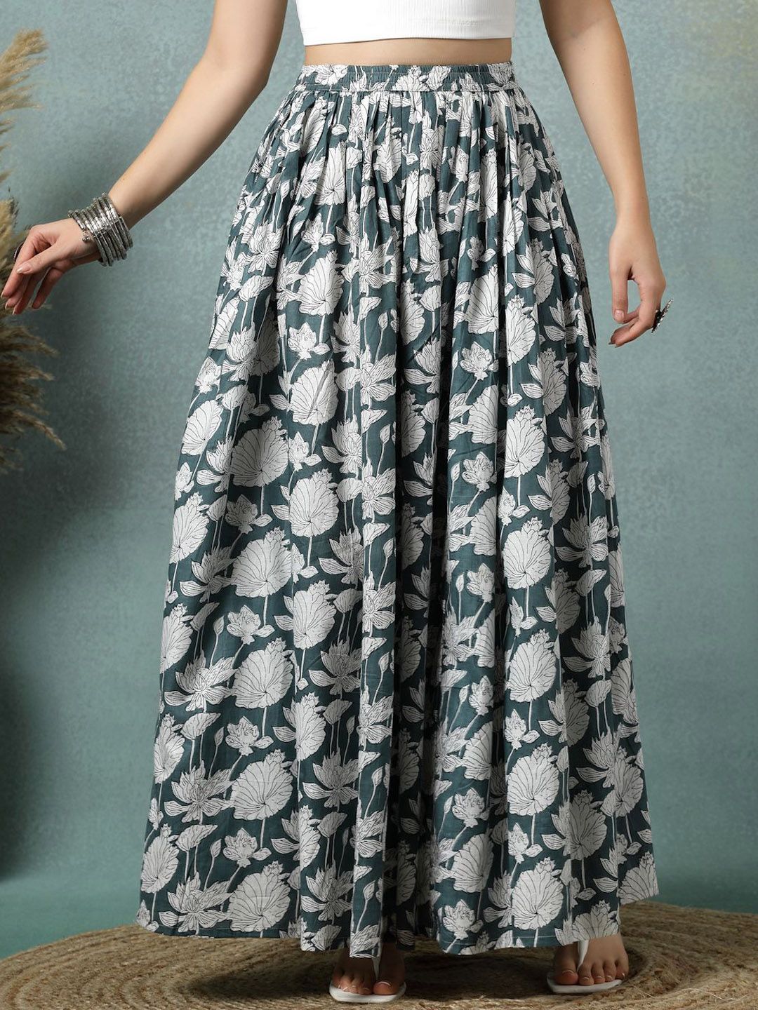 SUNEKH Floral Printed Cotton Flared Maxi Skirt-picture-1