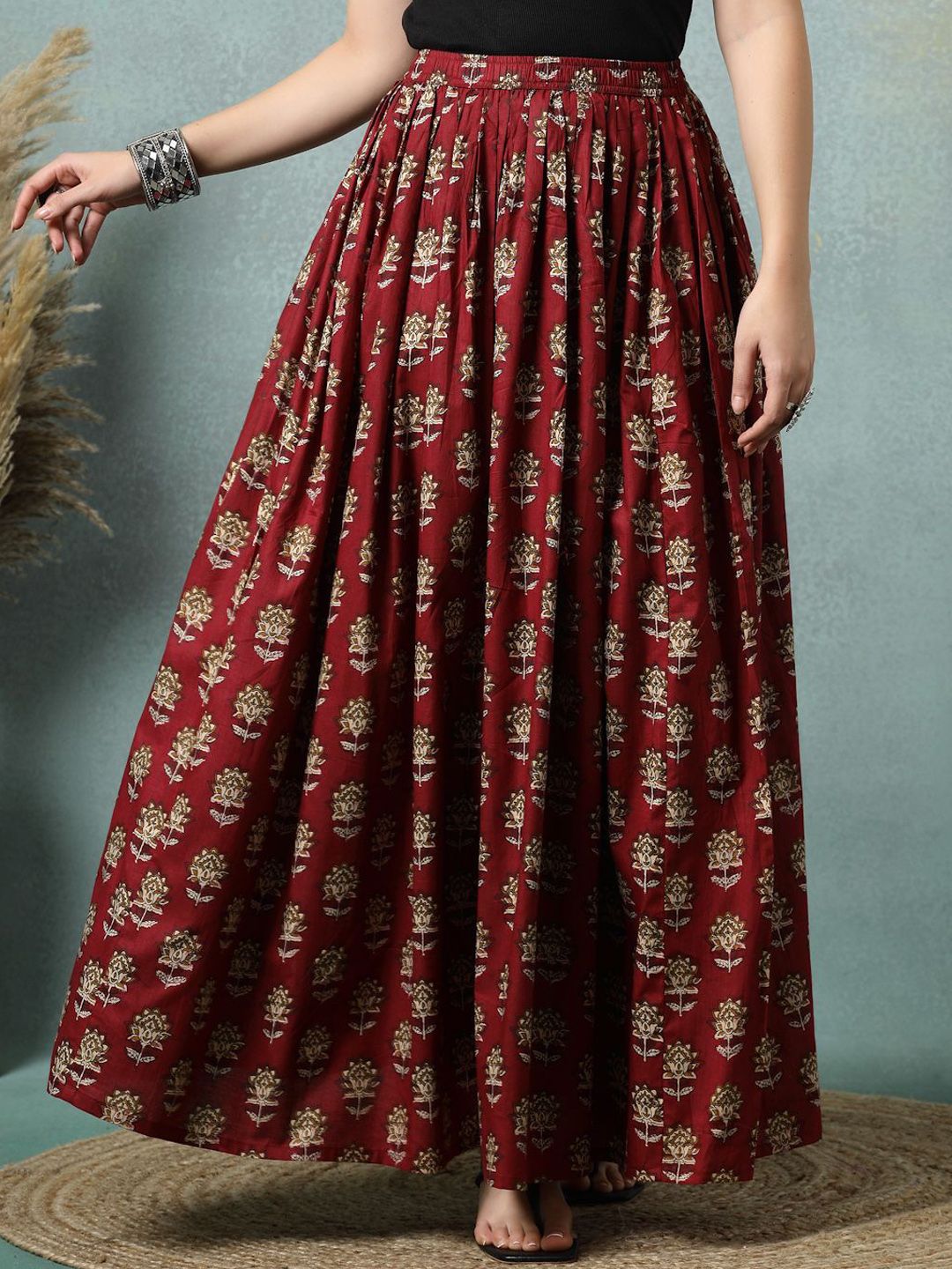 SUNEKH Floral Printed Cotton Flared Maxi Skirt