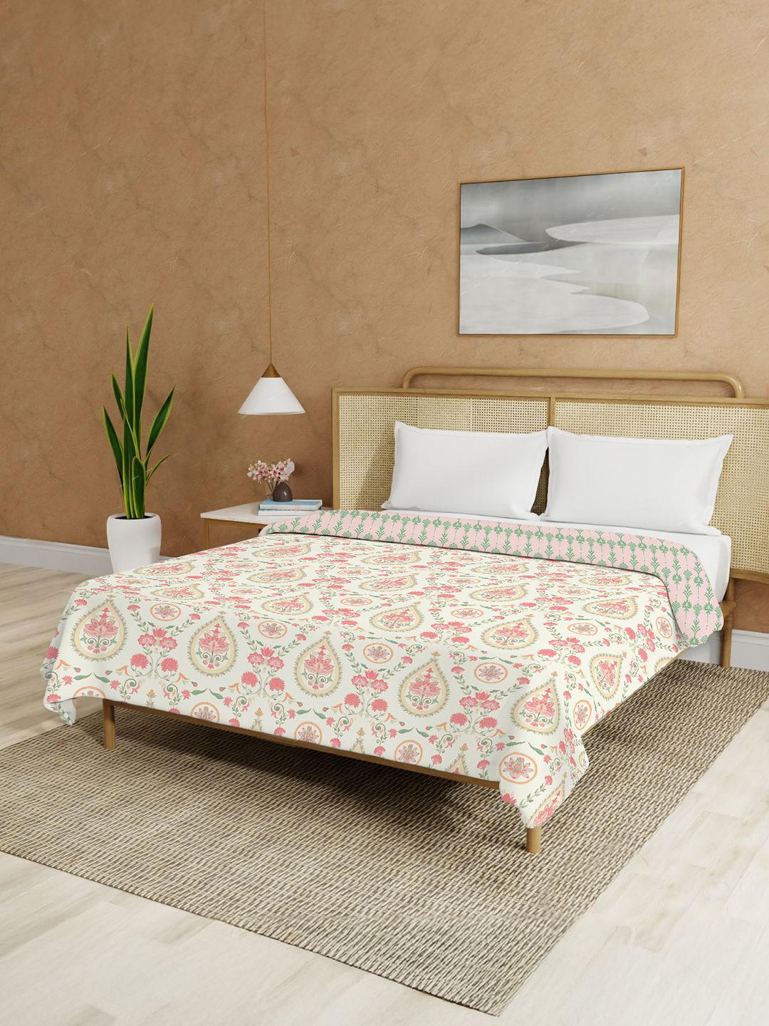 URBAN SPACE White & Peach-Coloured Floral Malmal Cotton 90 GSM AC Room Double Bed Dohar-picture-40