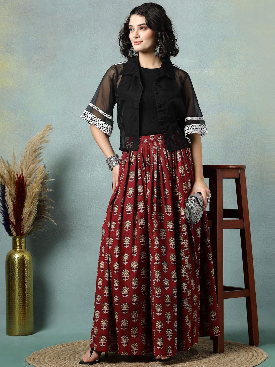 Multi-Coloured Phulkari Printed Tiered Flared Maxi Pure Cotton Skirt main image 1