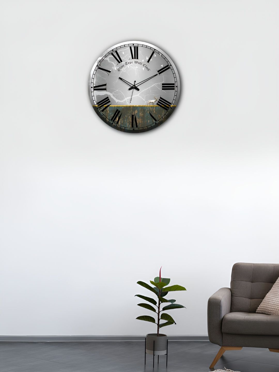 OLIVE TREE Wooden Wall Clock Grey & Gold-Toned Printed Round Contemporary Wall Clock-image-22