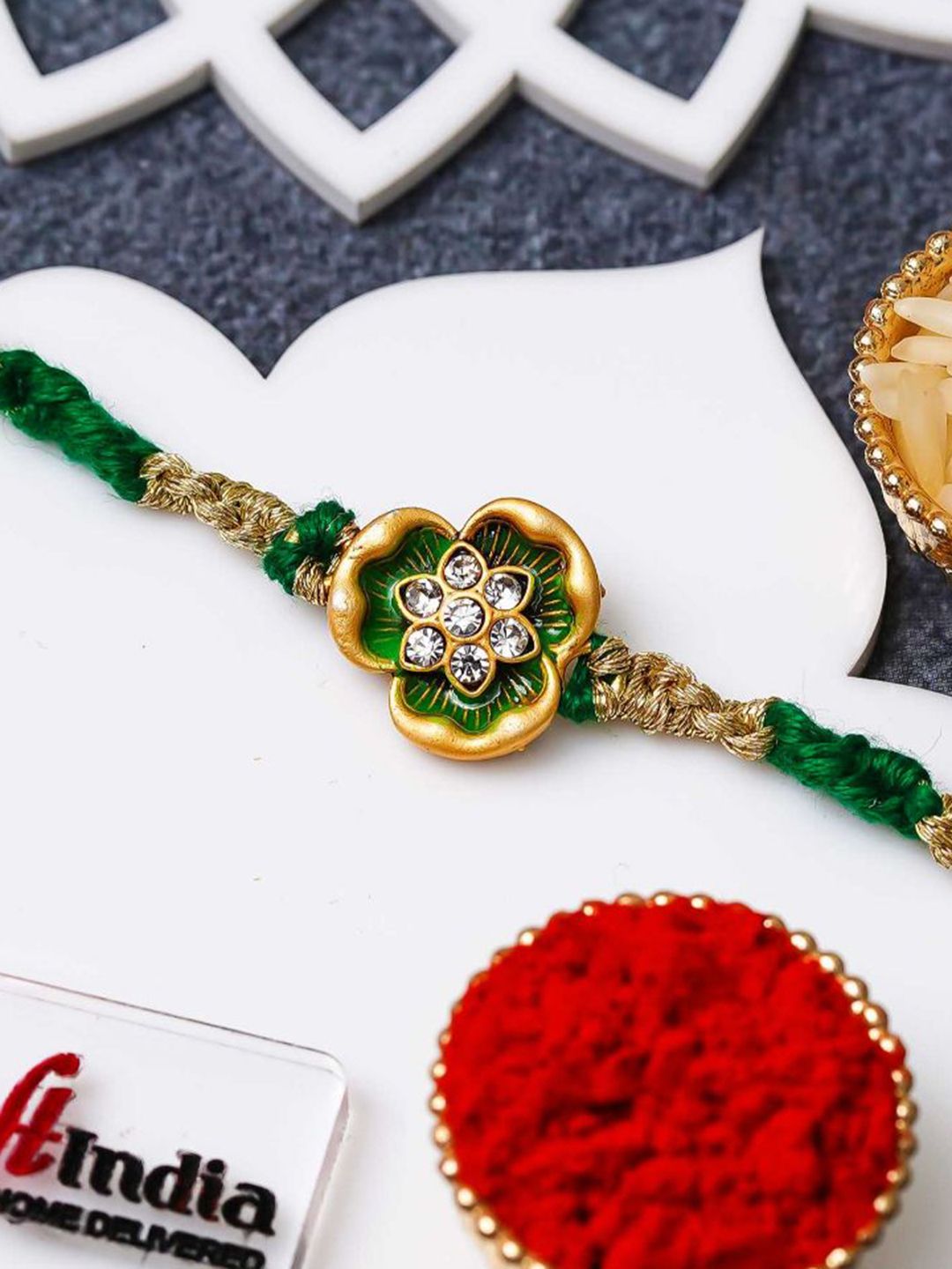 eCraftIndia Flower Diamonds Designer Thread Rakhi With Roli Chawal-picture-41