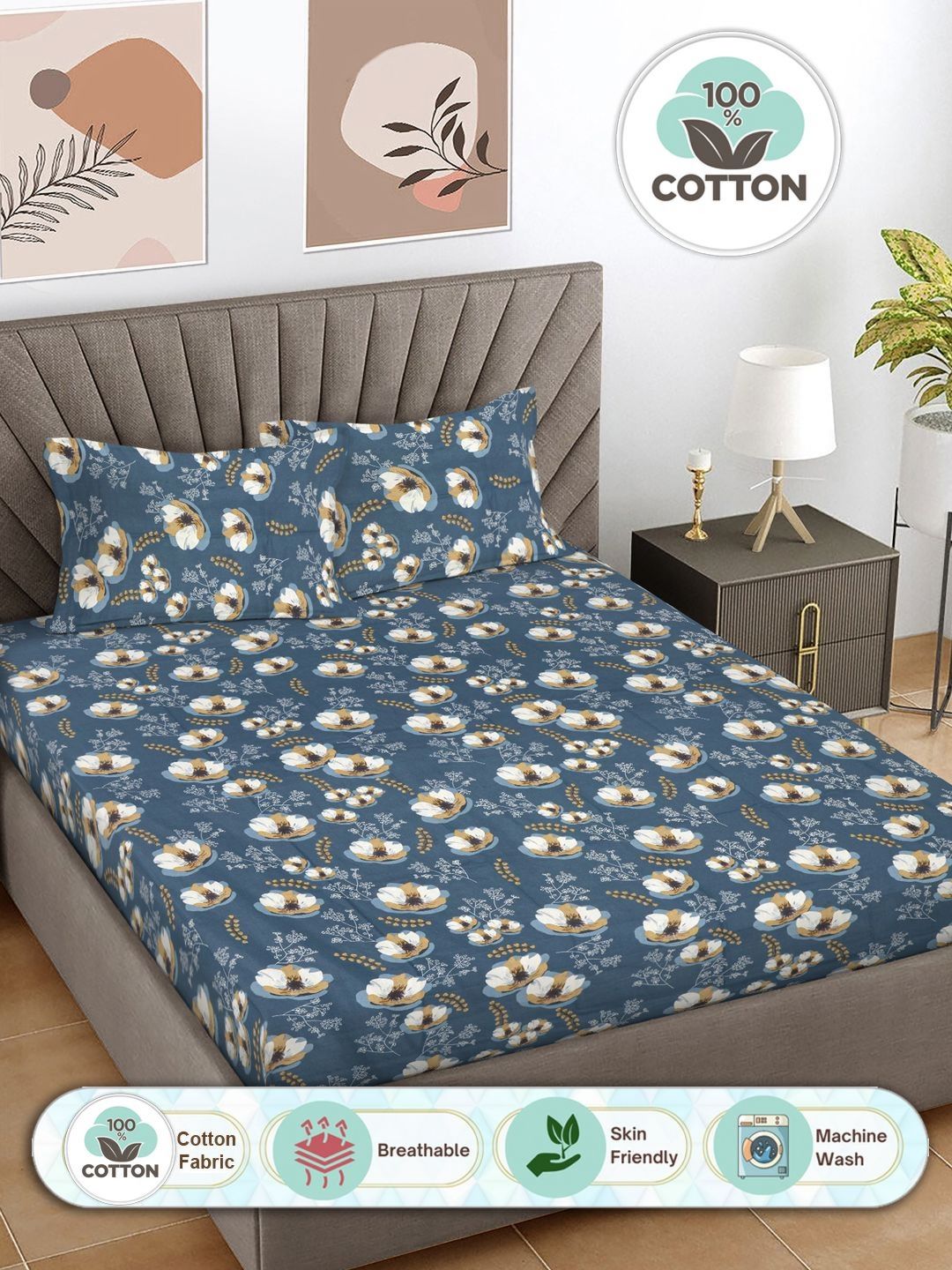 Myntra Elegant Homes Blue & White Printed 300 TC Cotton King Bedsheet Set 2.50 m x 2.25 m-picture-35