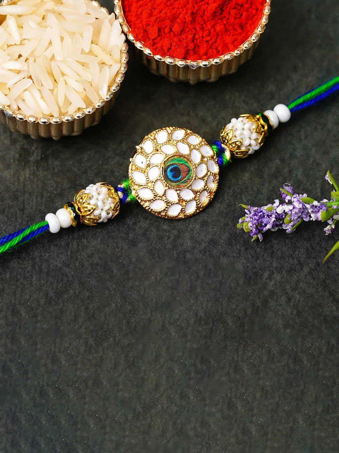 eCraftIndia Peacock Feather Pearls Designer Thread Rakhi With Roli Chawal-picture-54