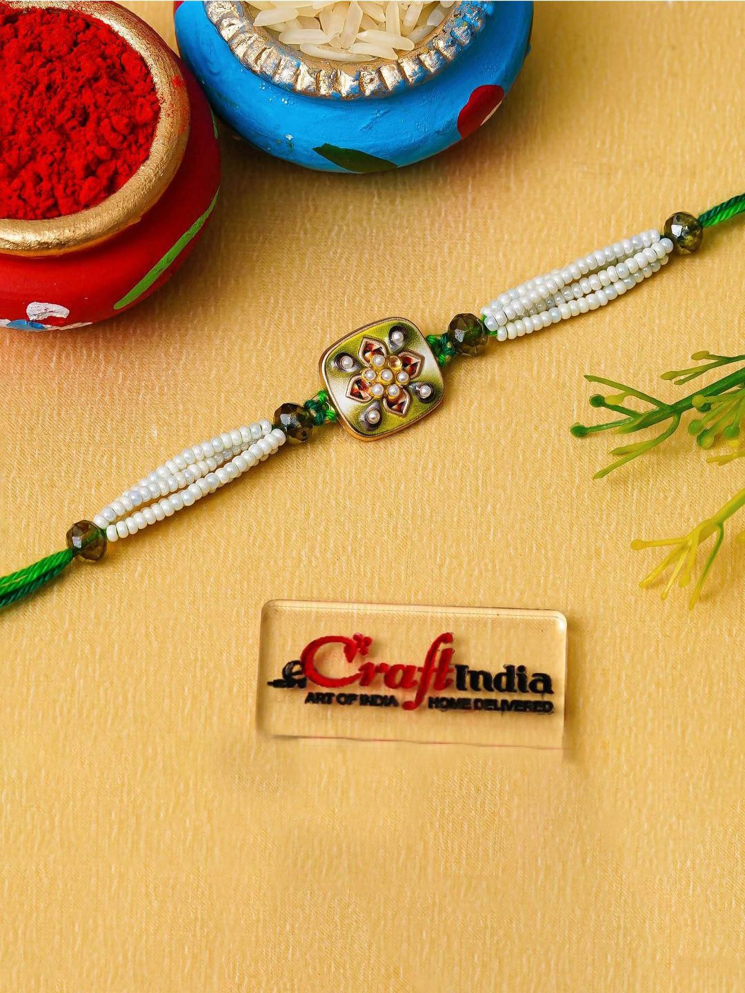eCraftIndia Artfificial Stones Studded And Beaded Flower Rakhi-picture-24