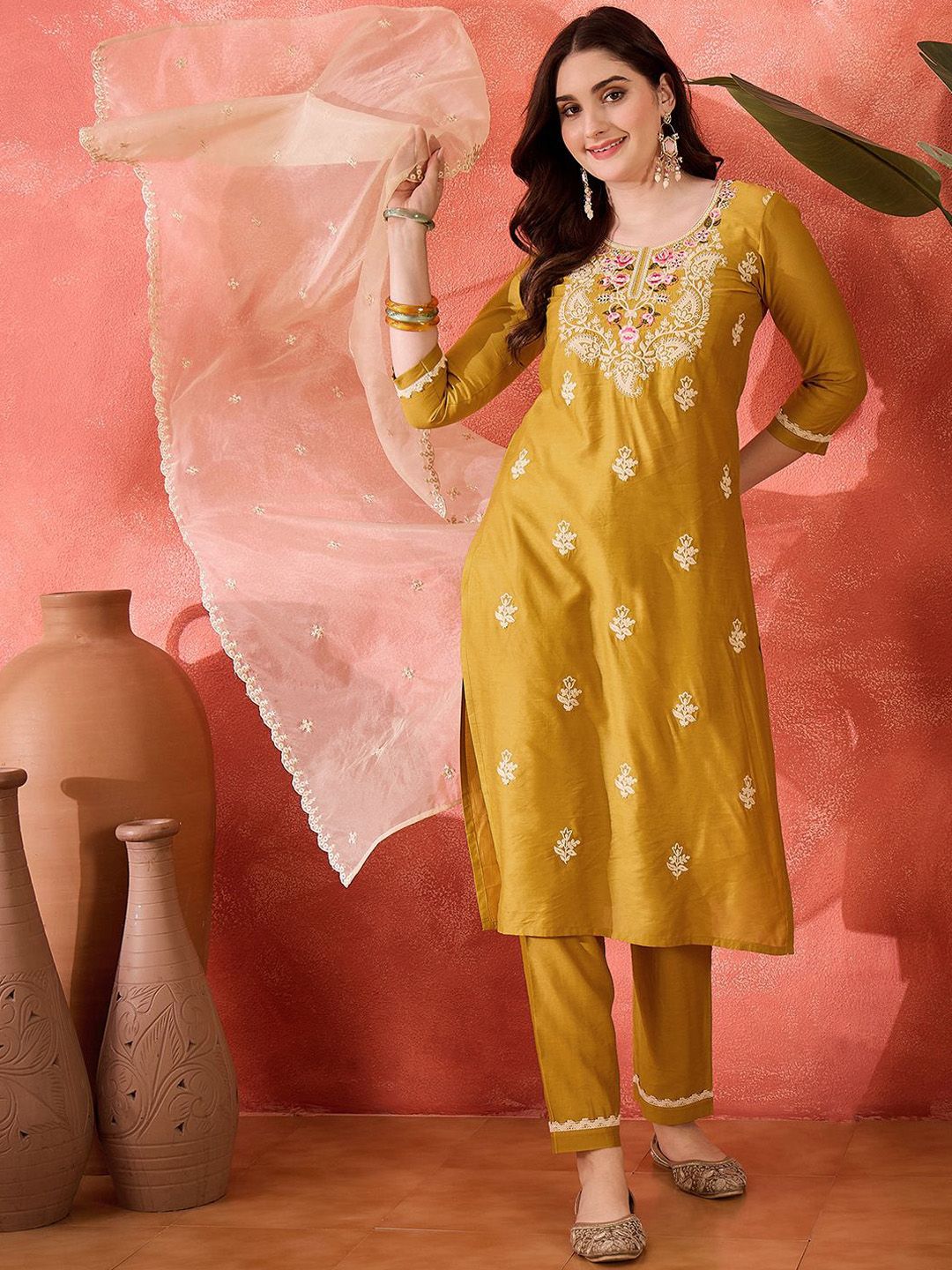 Sangria Floral Embroidered Round Neck Thread Work Straight Kurta With Trousers And Dupatta