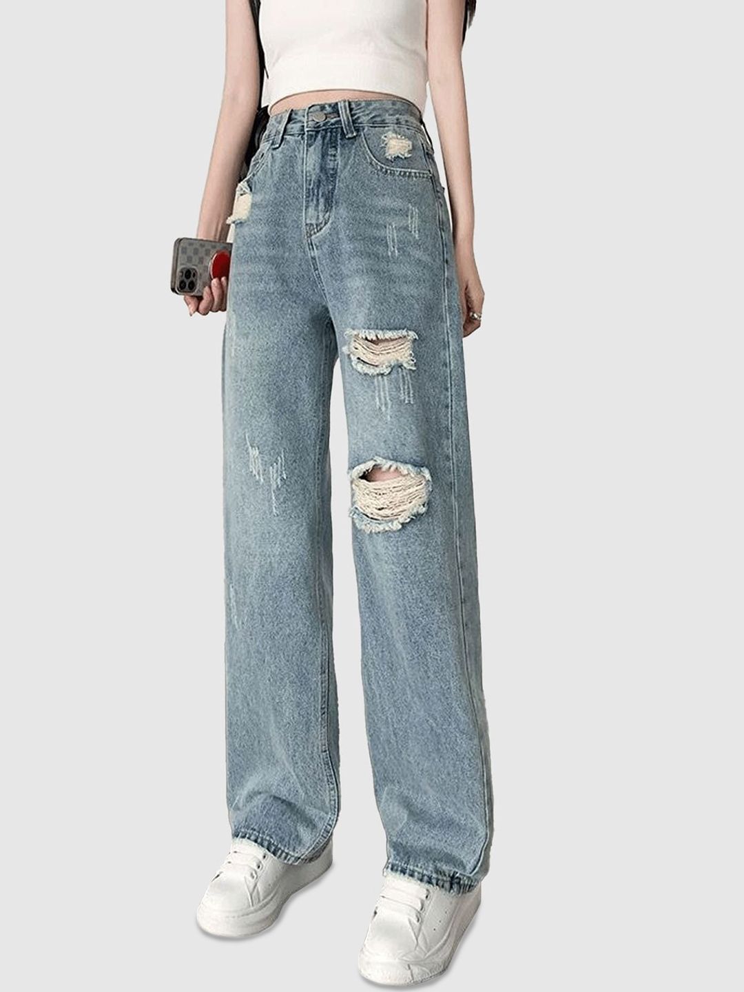 Outzidr Women Distressed Straight Denim