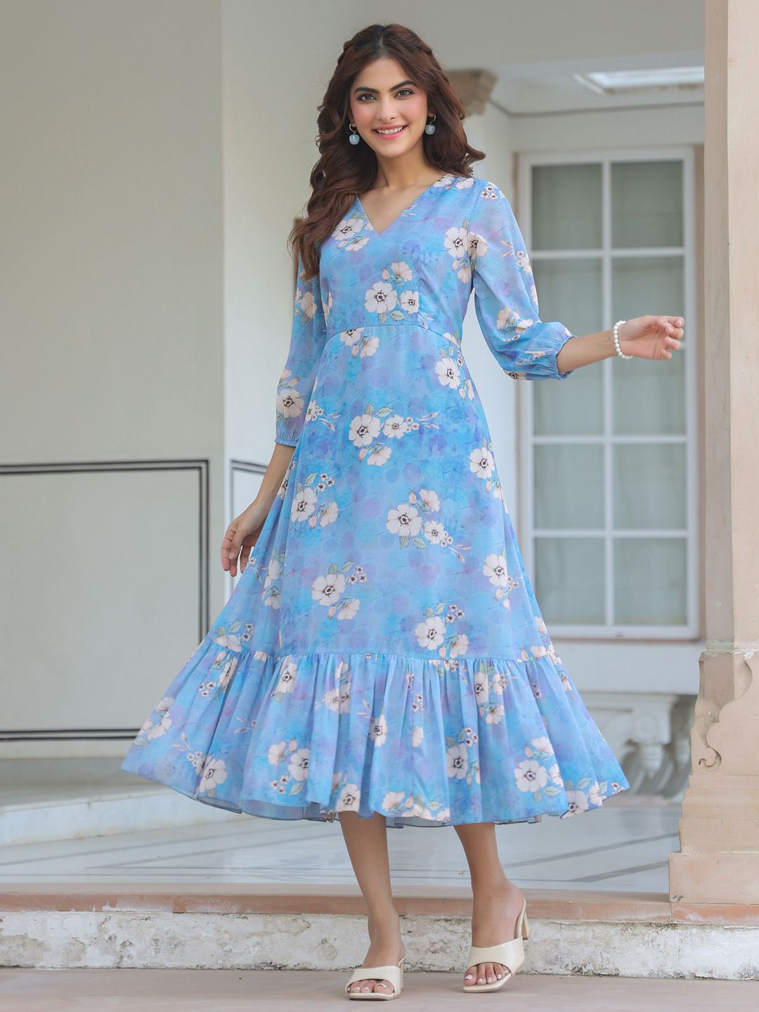 janasya Janasyas Women Blue Georgette Floral Printed A-line Dress-picture-24