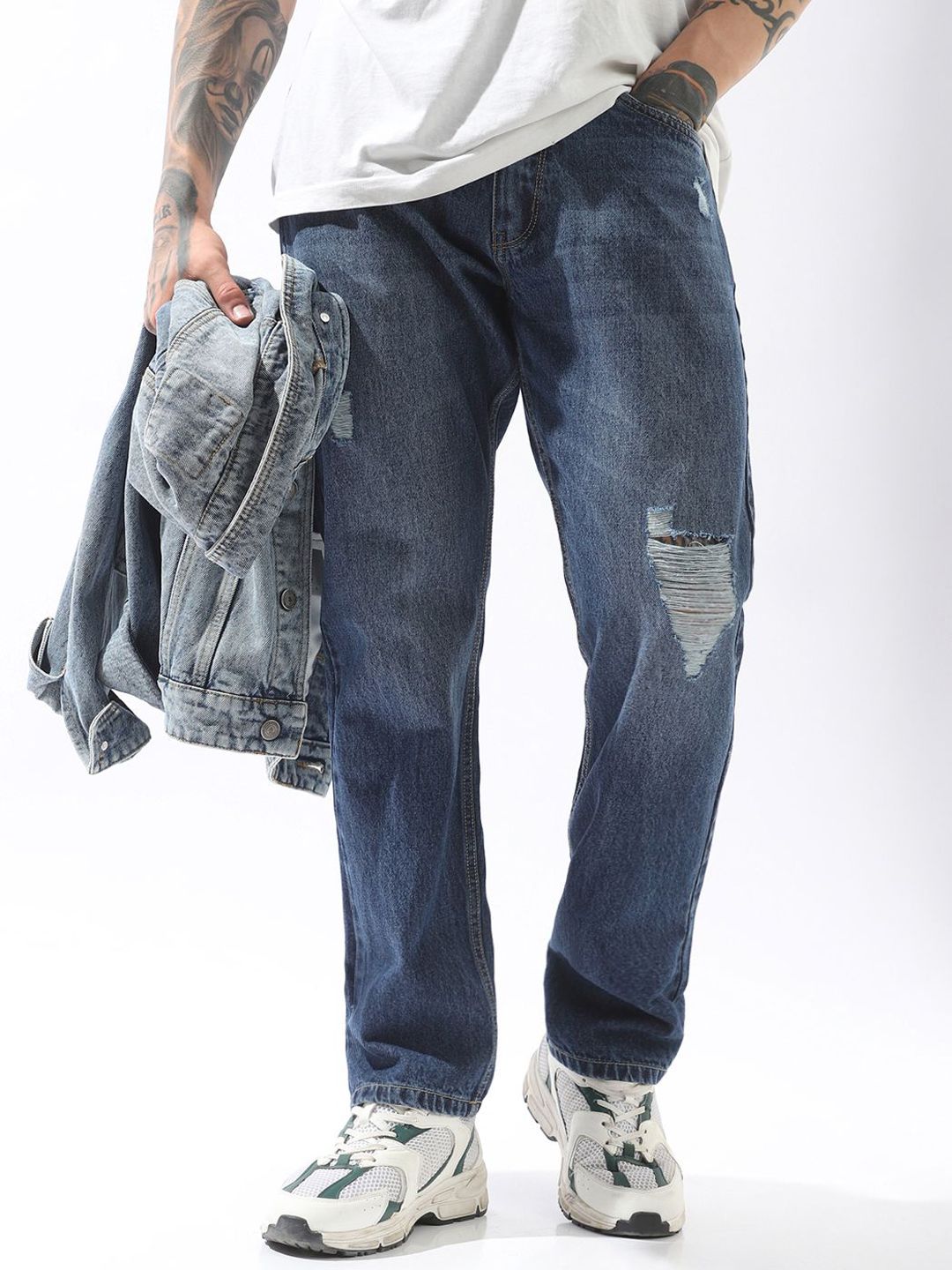 High Star Men Comfort Straight Fit Mid-Rise Light Fade Slash Knee Cotton Jeans-picture-35