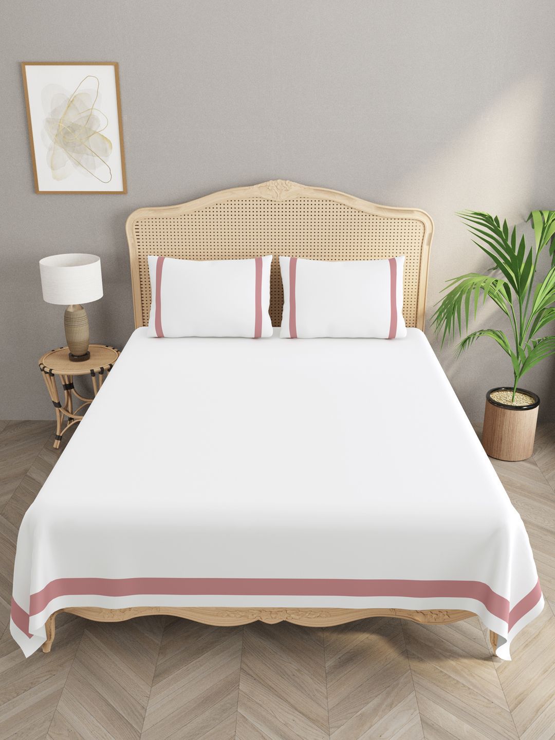 Gulaab Jaipur White & Pink Cotton 300 TC King Bedsheet Set 2.74 m x 2.28 m-image-9