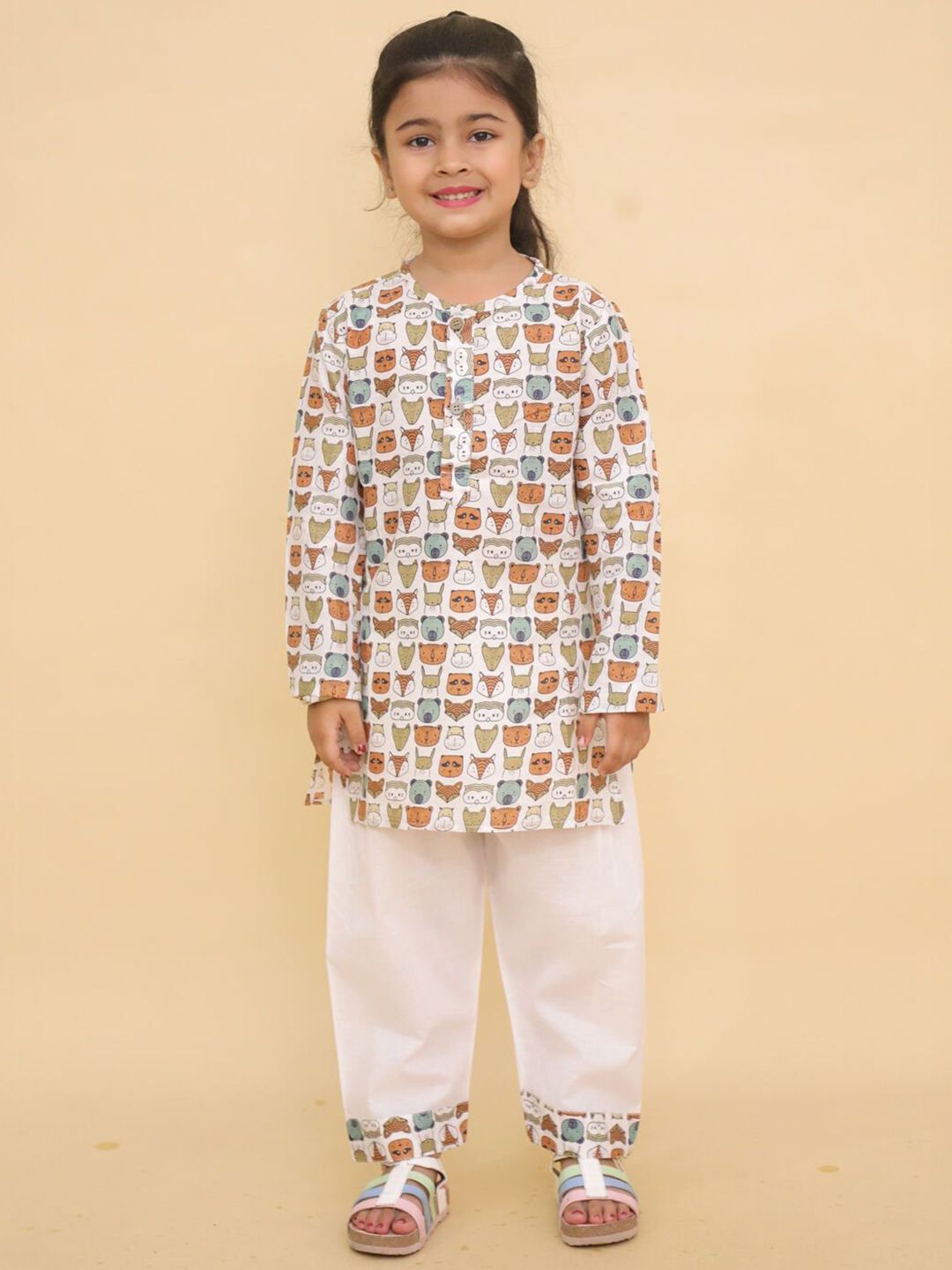 LITTLE GINNIE Unisex Kids Animal Printed Round Neck Pure Cotton Kurta With Pyjamas-picture-10