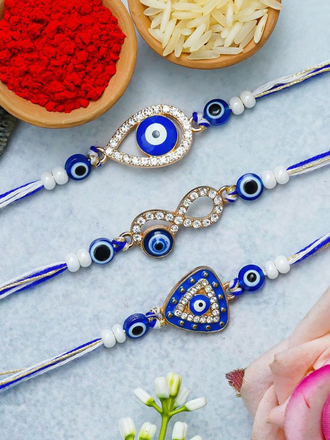 eCraftIndia Set of 3 Diamond Stone Studded & Beaded Evil Eye Thread Rakhis-picture-24