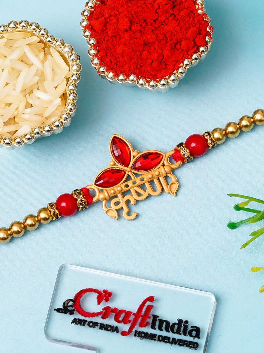 eCraftIndia Kundan Studded & Beaded Krishna Design Thread Rakhi-picture-28