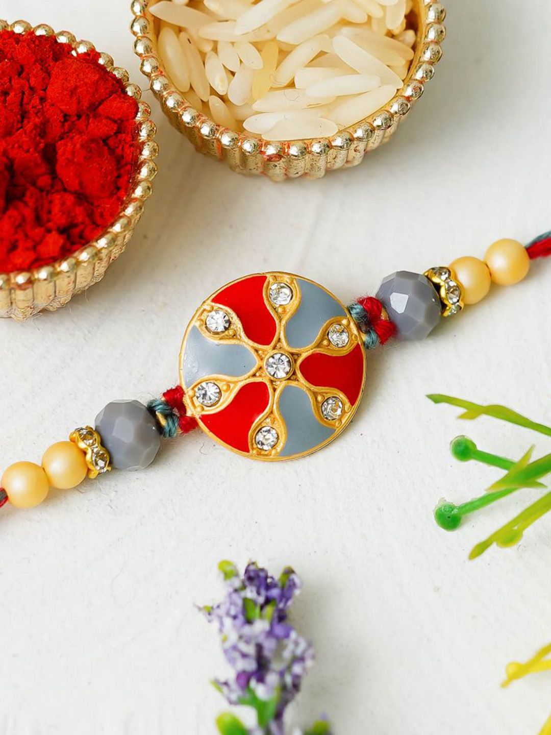 eCraftIndia Artfificial Stones Studded And Beaded Rakhi With Roli Chawal-picture-32